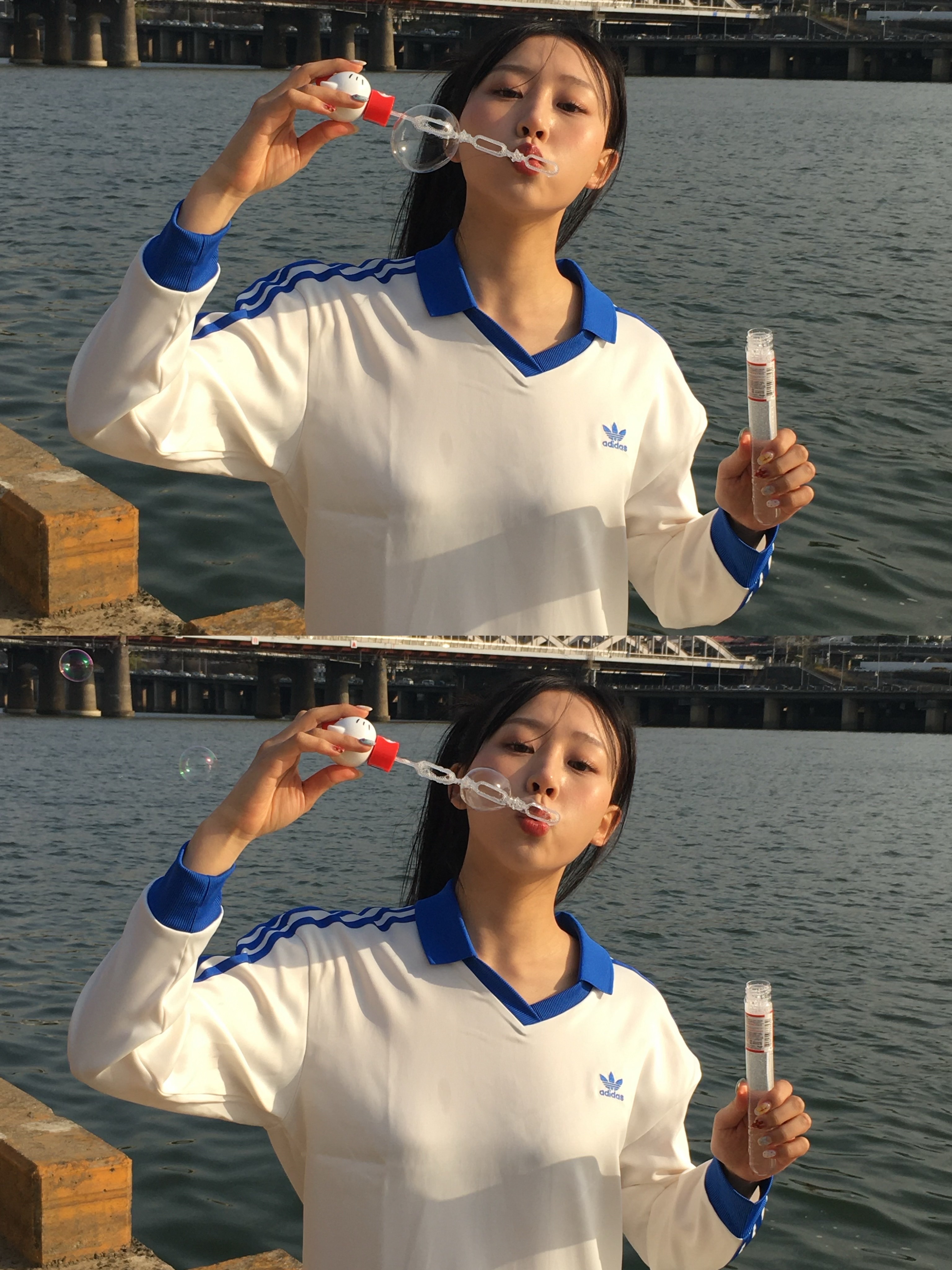 (W) Adidas 3-Stripes Satin Long Sleeve T-Shirt Cloud White - KR Sizing 착용 스타일 - 1