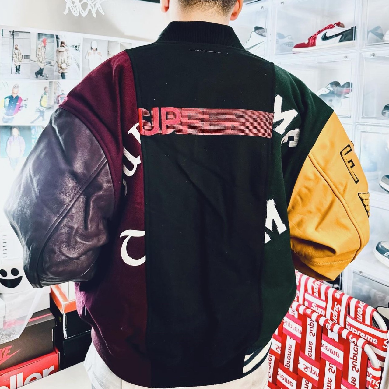 Supreme x MM6 Maison Margiela Split Varsity Jacket Multicolor - 24SS, Supreme x MM6 Maison Margiela Box Logo T-Shirt White - 24SS 착용 스타일 - 1
