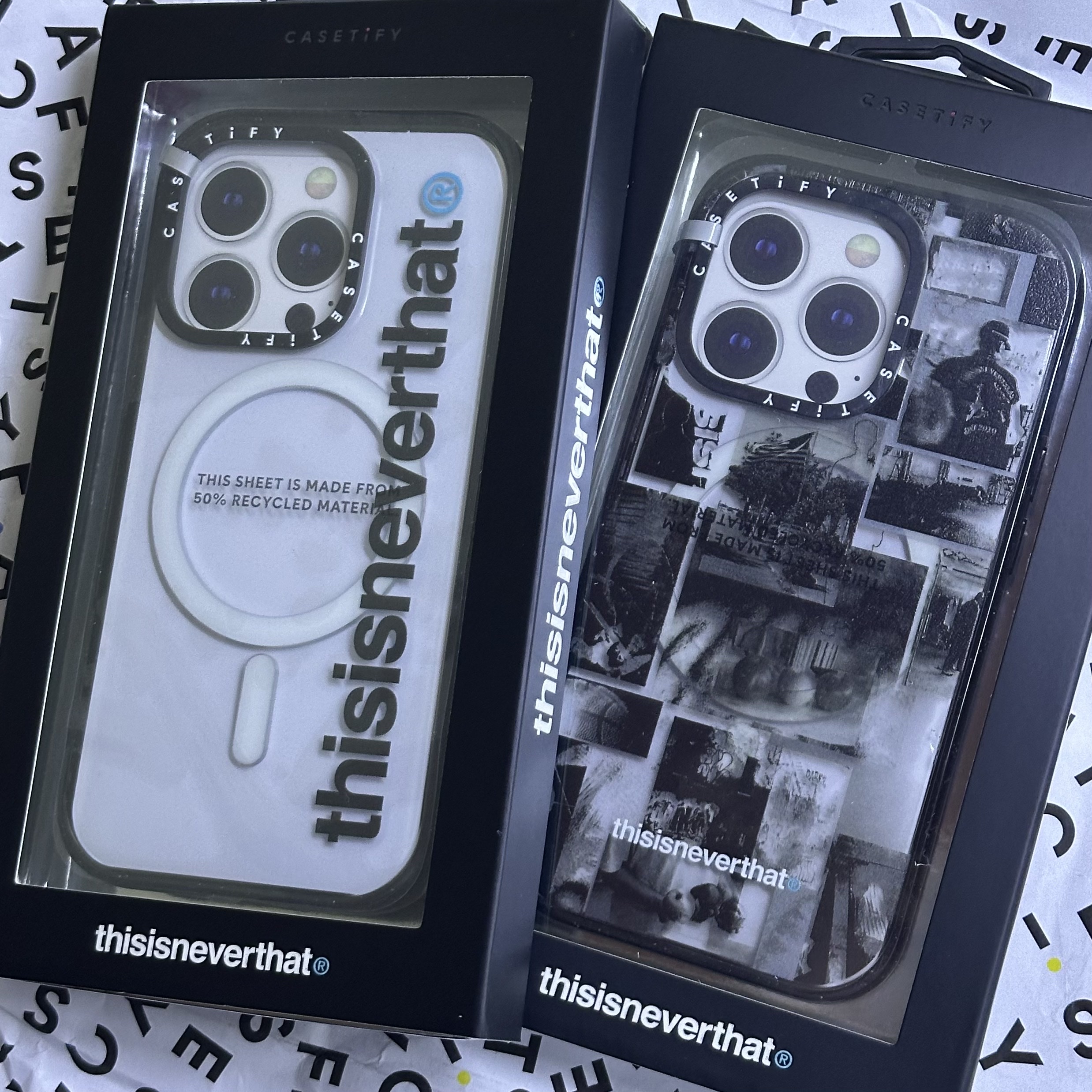 Casetify x Thisisneverthat iPhone Black Archive Pattern MagSafe Impact Case Clear Black, Casetify x Thisisneverthat iPhone Black T-Logo MagSafe Impact Case Clear Black 착용 스타일