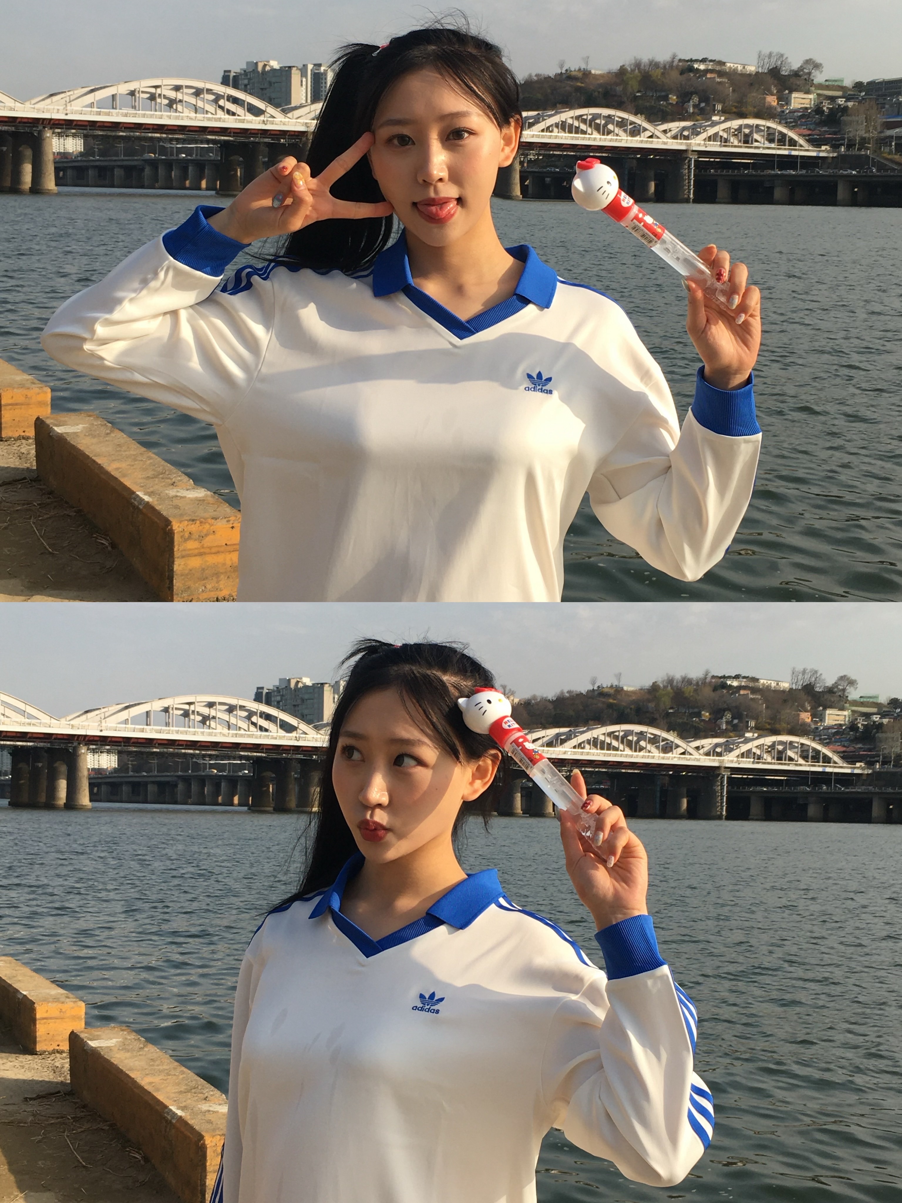 (W) Adidas 3-Stripes Satin Long Sleeve T-Shirt Cloud White - KR Sizing 착용 스타일 - 2