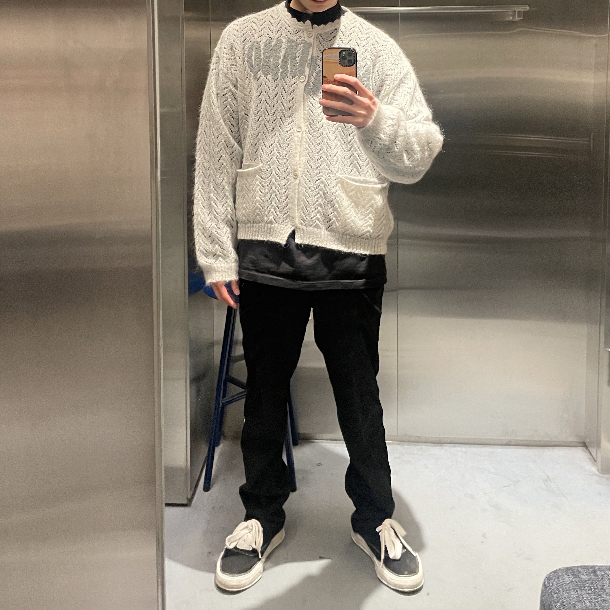 Maison Mihara Yasuhiro Baker OG Sole Canvas Low Cut Sneakers Black, Magliano Lace Effect Classic Bimbo Cardigan White 착용 스타일