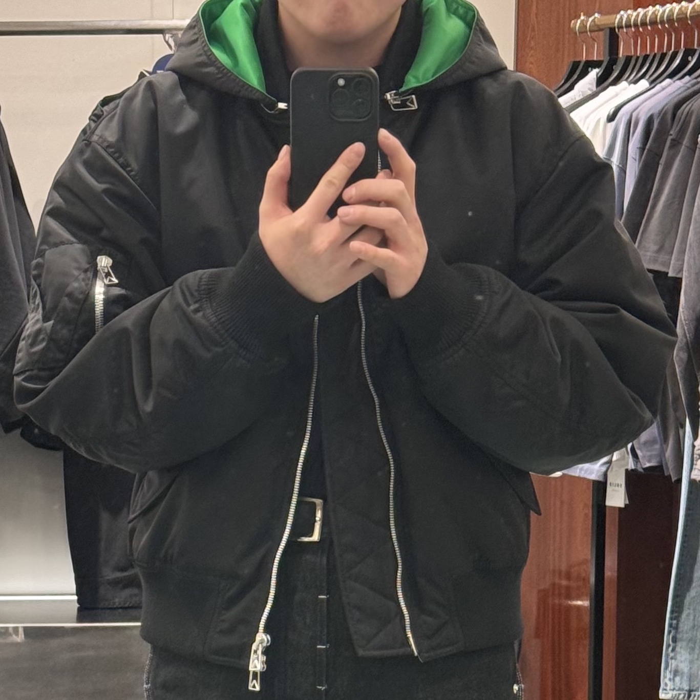 Bottega Veneta Nylon Gabardine Hooded Bomber Jacket Black 착용 스타일