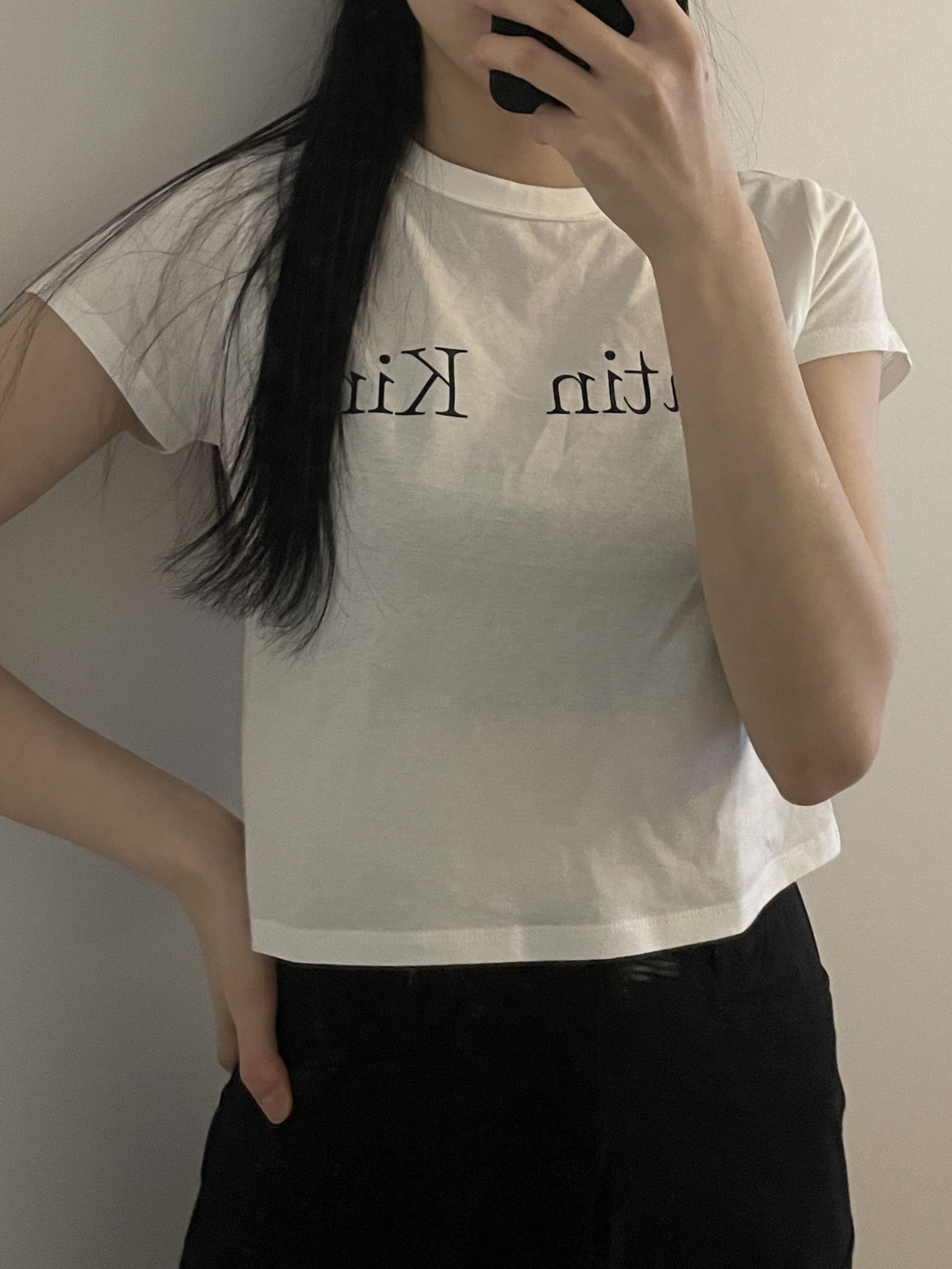 (W) The North Face White Label Olema Detachable Jacket Black, (W) Matin Kim Logo Crop Top White 착용 스타일 - 2