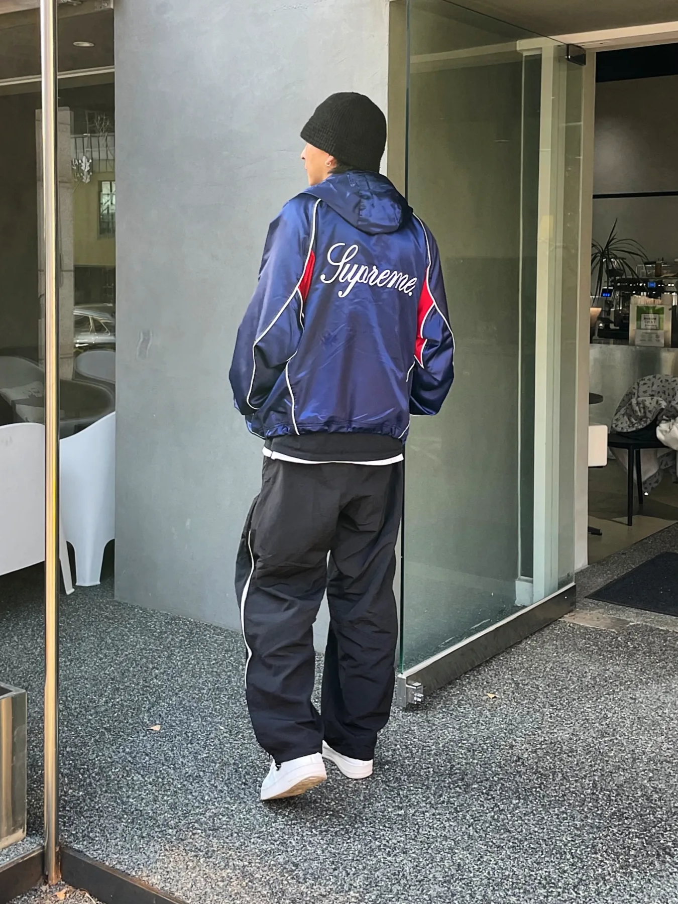 Supreme Satin Hooded Track Jacket Navy - 24SS, Nike Air Force 1 '07 Low White 착용 스타일