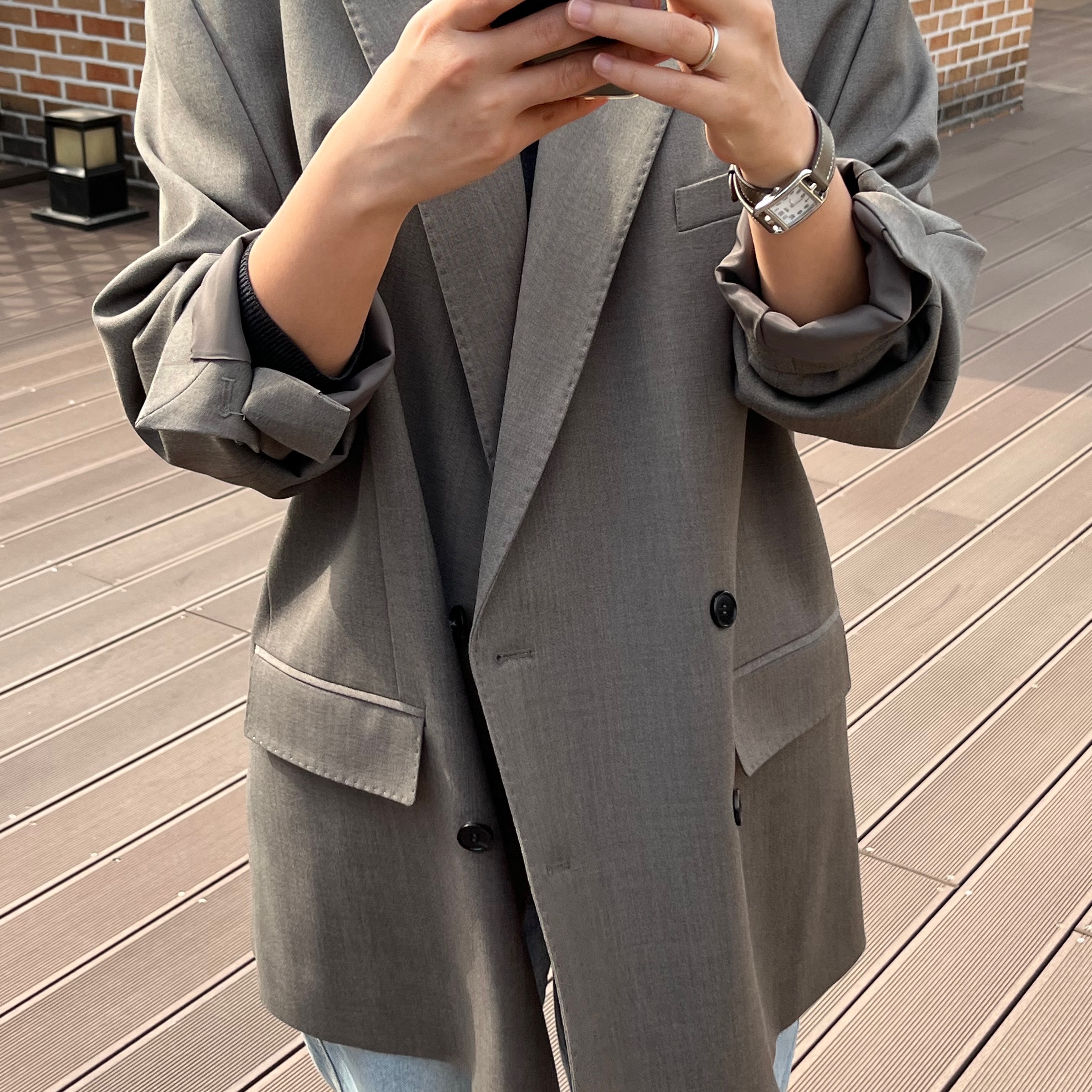 [KREAM 단독] L'H.A.S De Base Genderless Double Breasted Mens Jacket - Khaki 착용 스타일 - 1