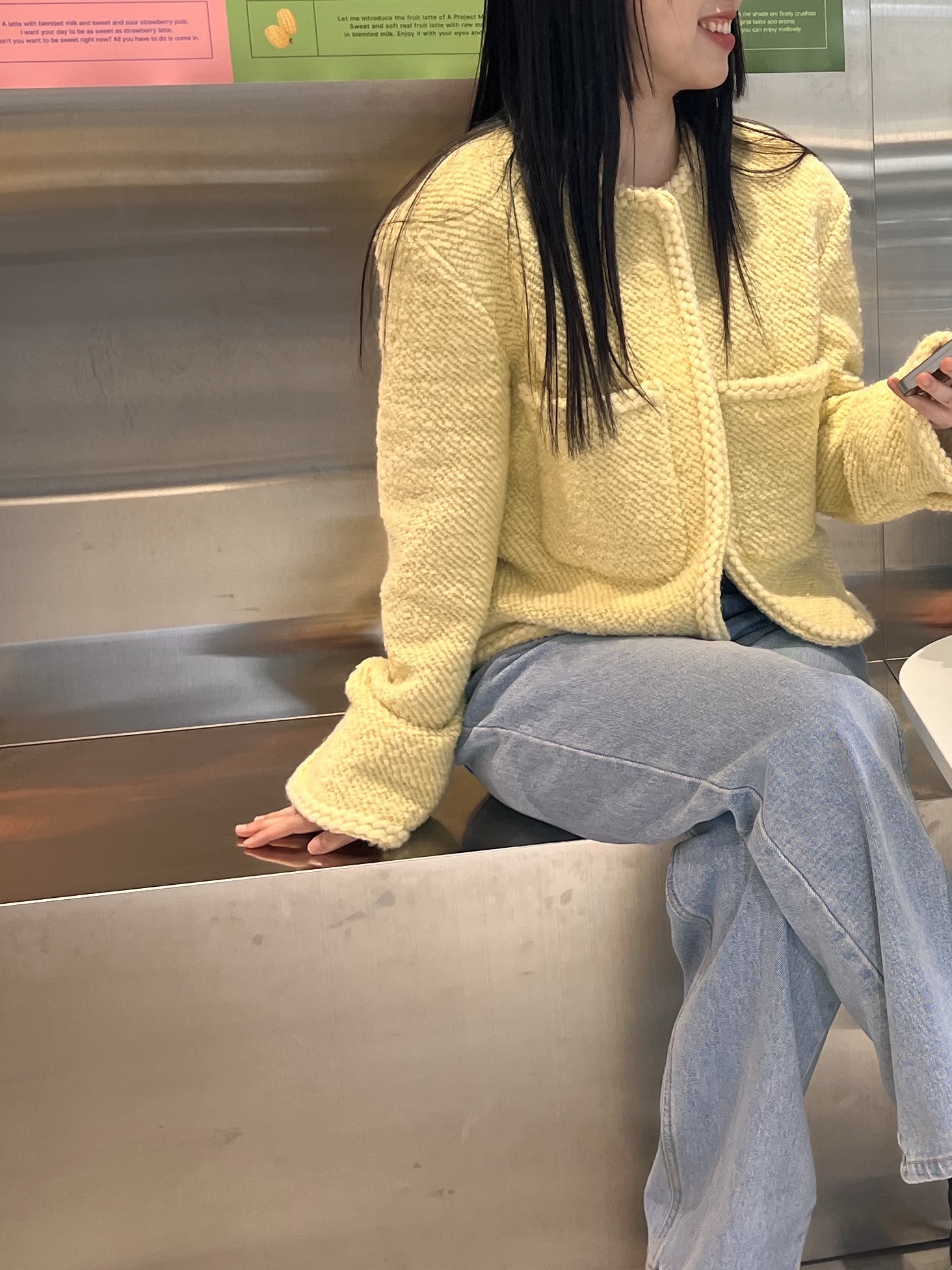 L'H.A.S Boucle Tweed Cropped Jacket - Yellow 착용 스타일 - 2