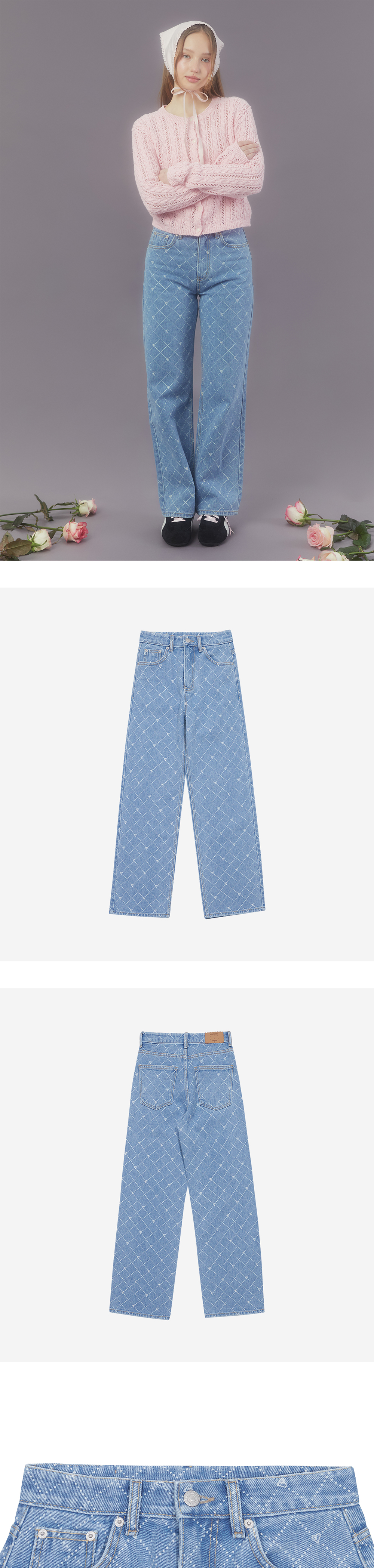 人気【MARGARIN FINGERS】HEART ARGYLE DENIM PANTS 마가린핑거스 하트 아가일 데님 팬츠 라이트 블루 | Margarin
