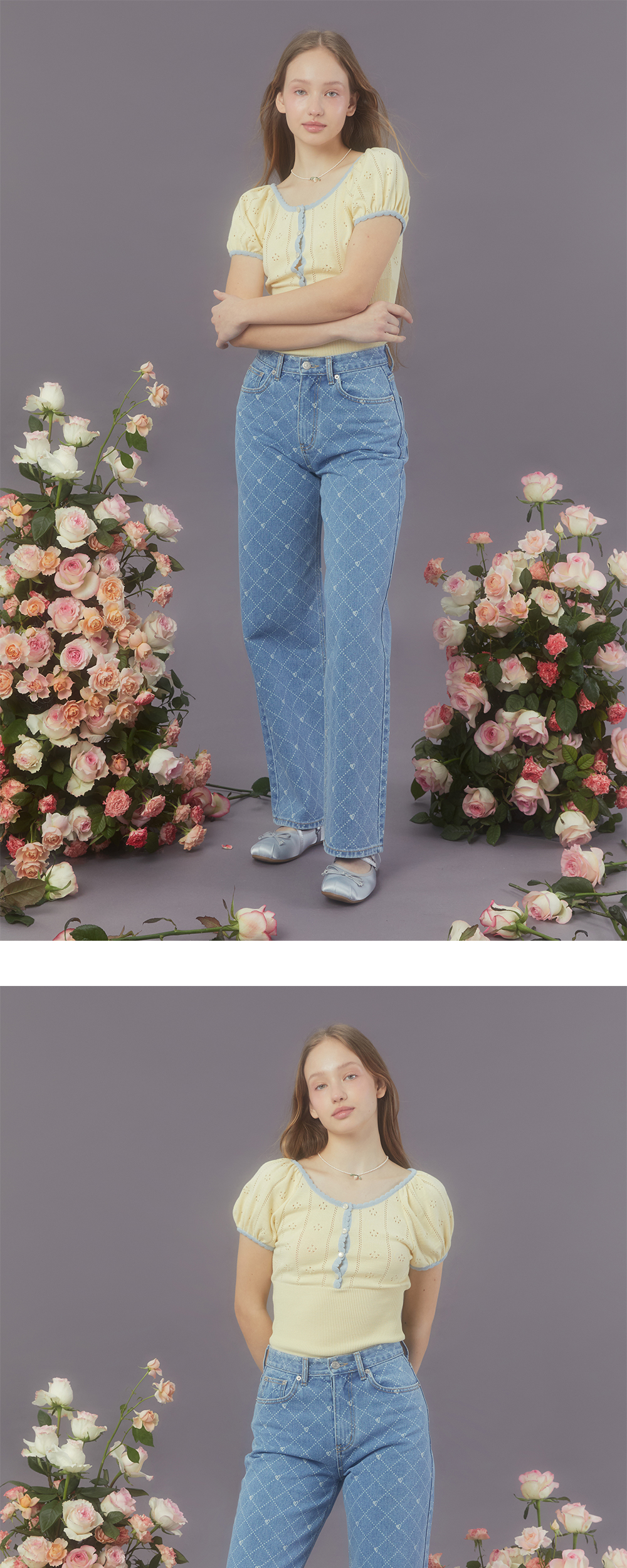 人気【MARGARIN FINGERS】HEART ARGYLE DENIM PANTS 마가린핑거스 하트 아가일 데님 팬츠 라이트 블루 | Margarin