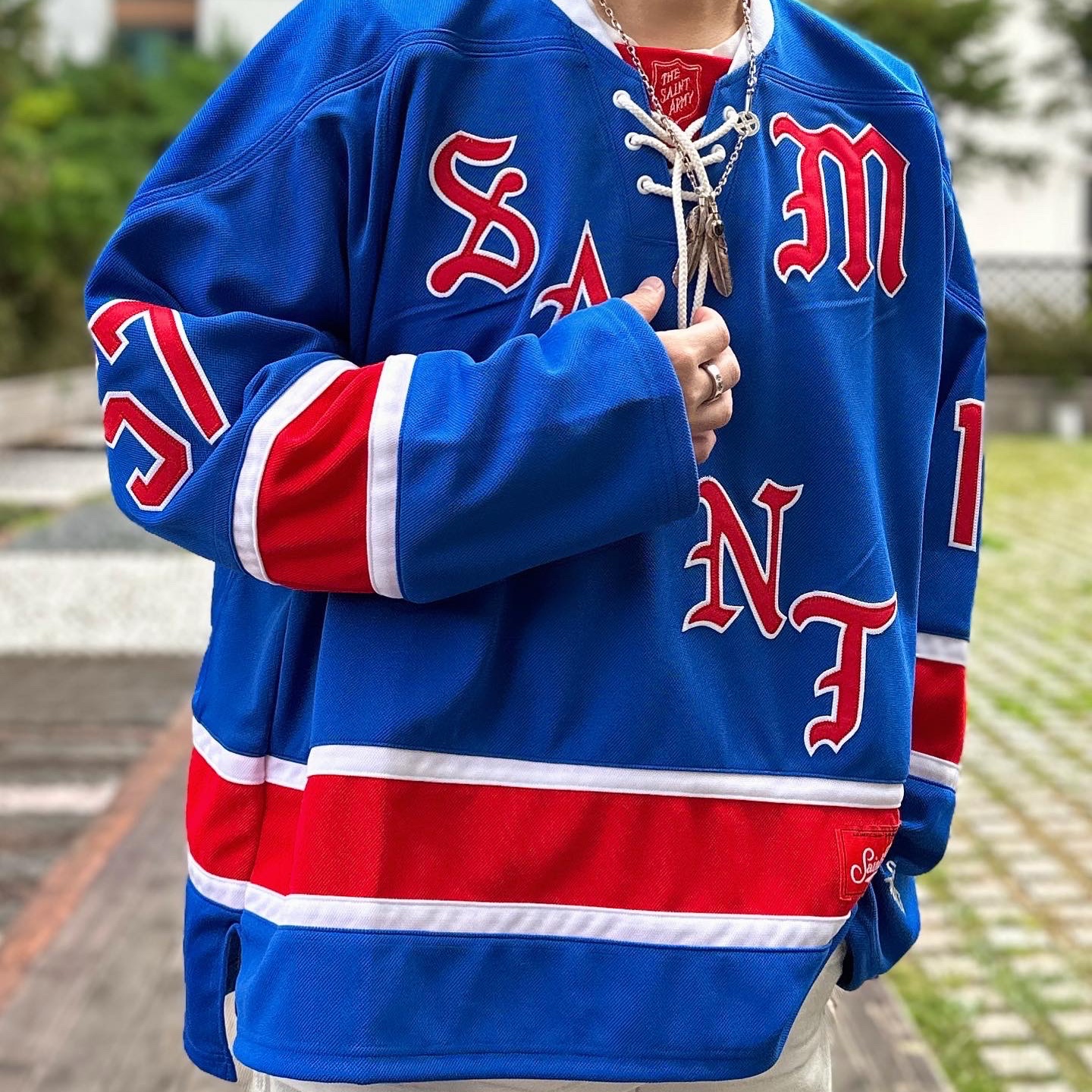 Saint Mxxxxxx Game Shirt L/S T-Shirt Blue - 23SS, Jordan 1 x Union Retro High Blue Toe 착용 스타일 - 2