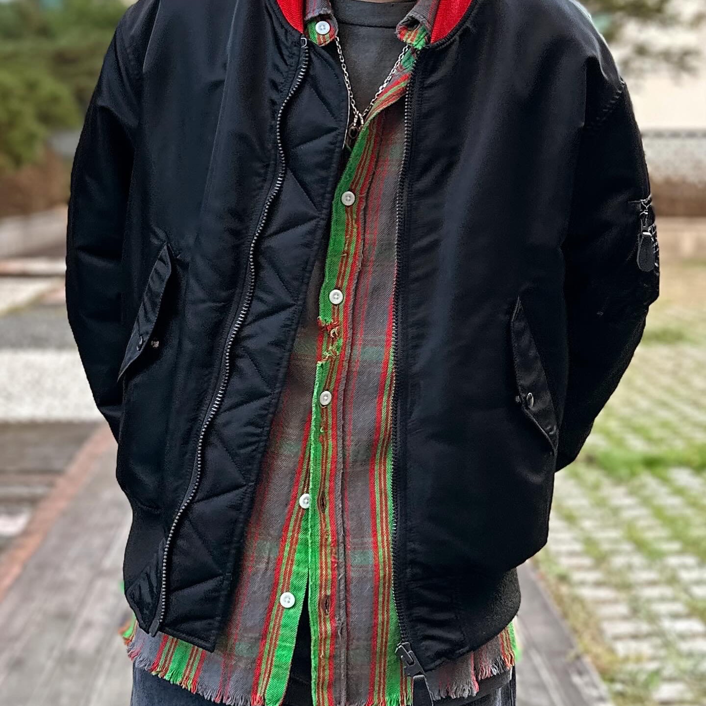Undercover x Fragment UC2C9209-2 Reversible MA-1 Jacket Black, Saint Mxxxxxx × Denim Tears Check Flannel Shirt Green Red - 23AW 착용 스타일 - 2