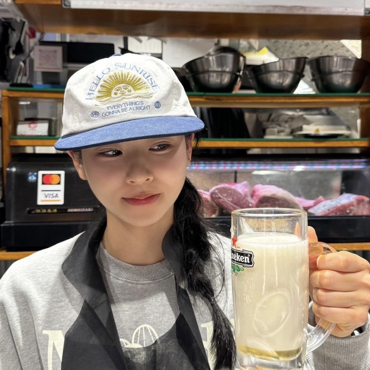 Hello Sunrise 90s Logo 6Panel Cap Beige & Navy, Hello Sunrise 90's Logo 6Panel Cap Ivory & Black 착용 스타일