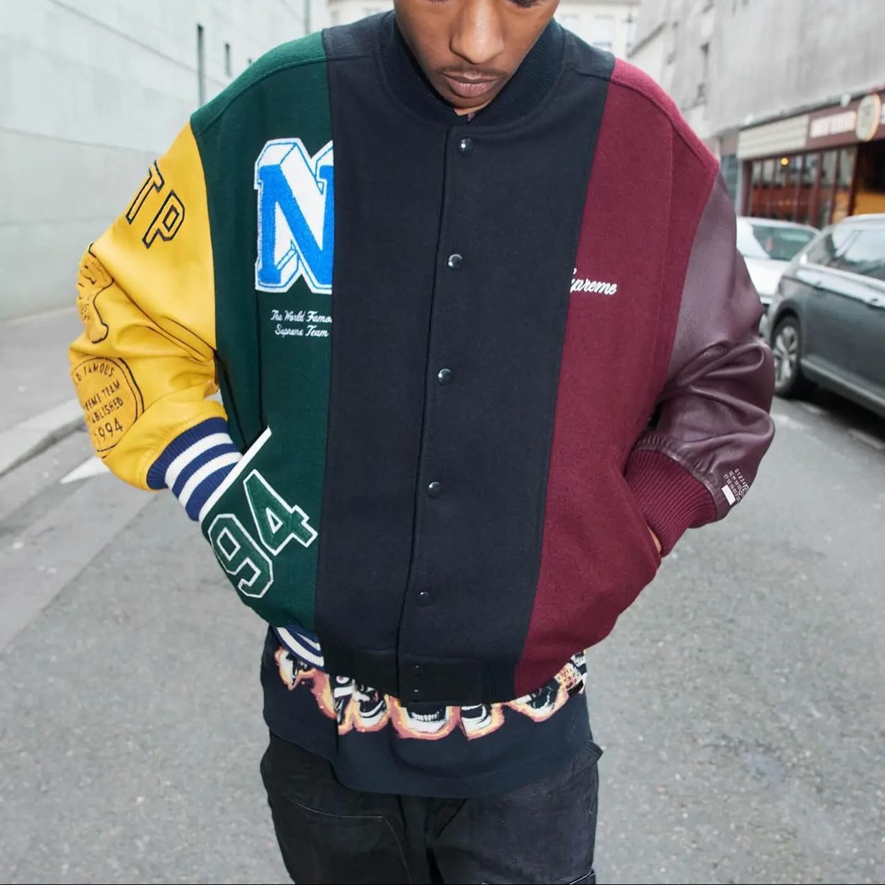 Supreme x MM6 Maison Margiela Split Varsity Jacket Multicolor - 24SS 착용 스타일 - 2