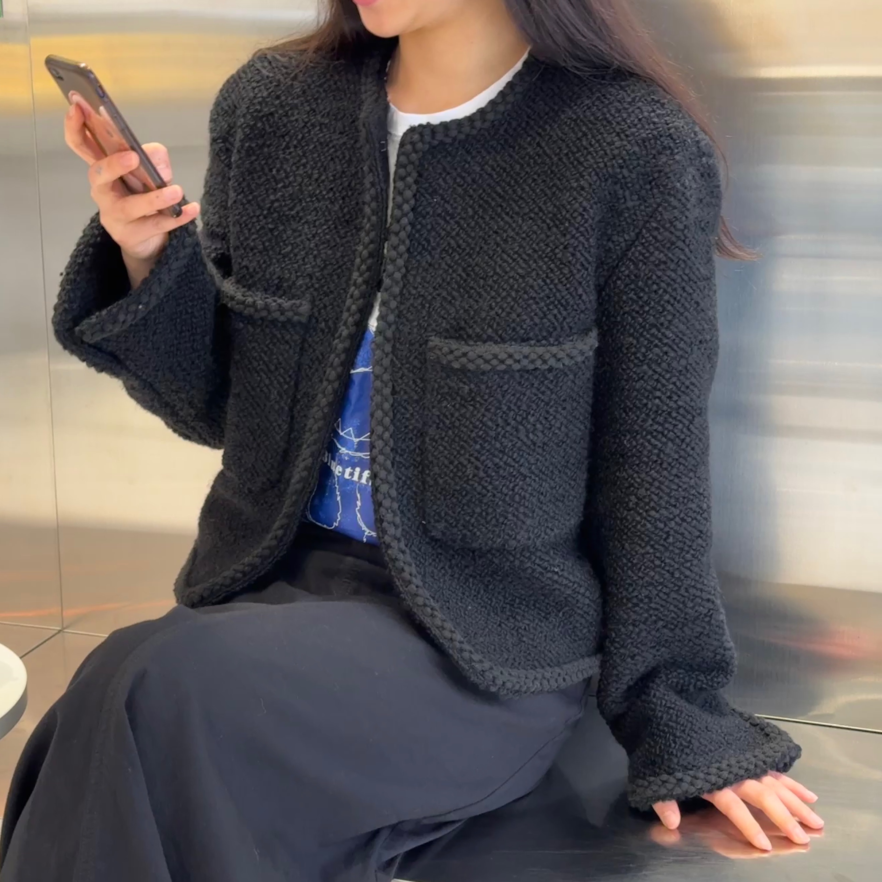 L'H.A.S Boucle Tweed Cropped Jacket - Black, L'H.A.S Boucle Tweed Cropped Jacket - Yellow 착용 스타일 - 1