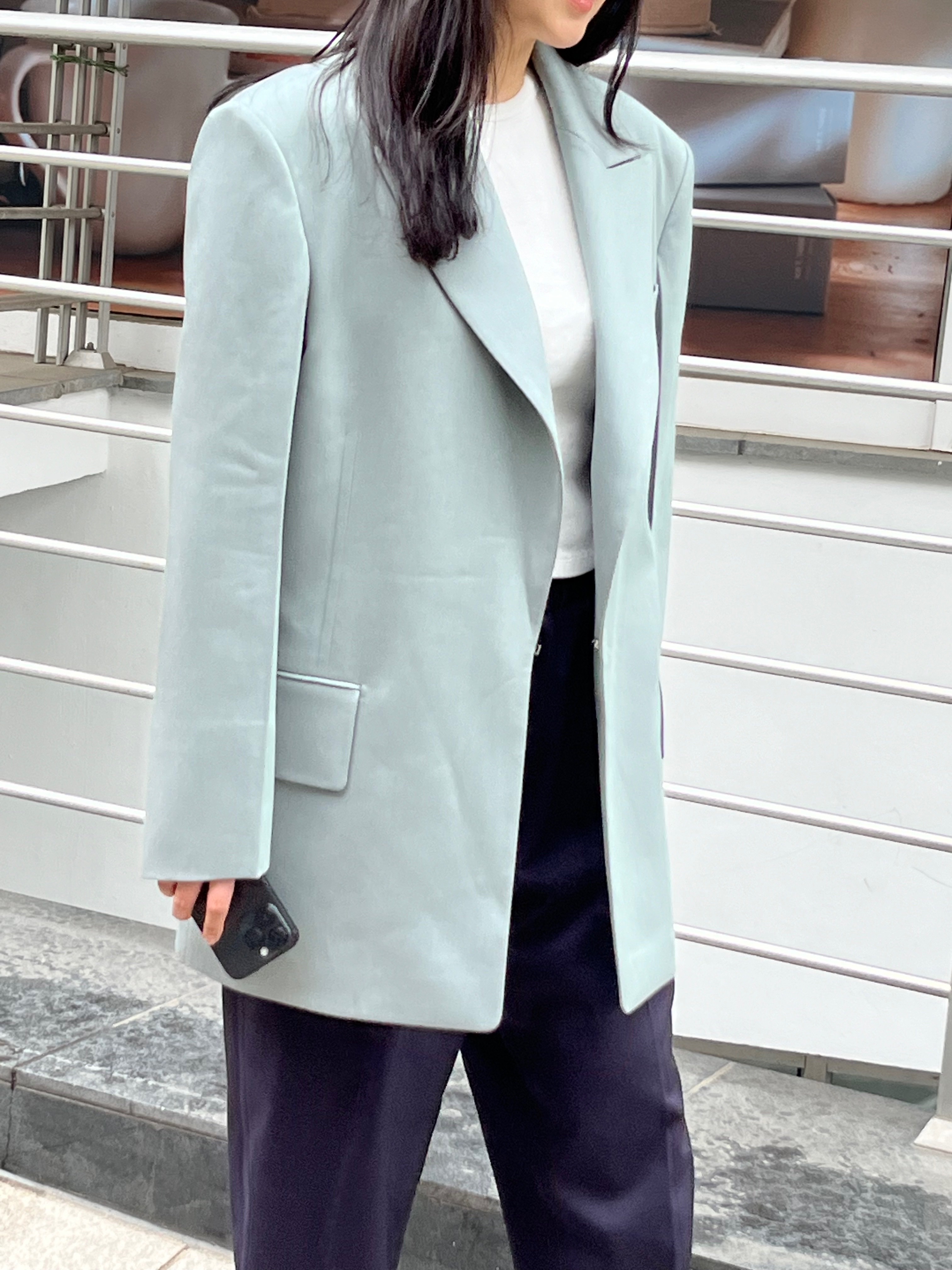 L'H.A.S Oversize 2-Tone Buttonless Jacket - Mint 착용 스타일 - 2