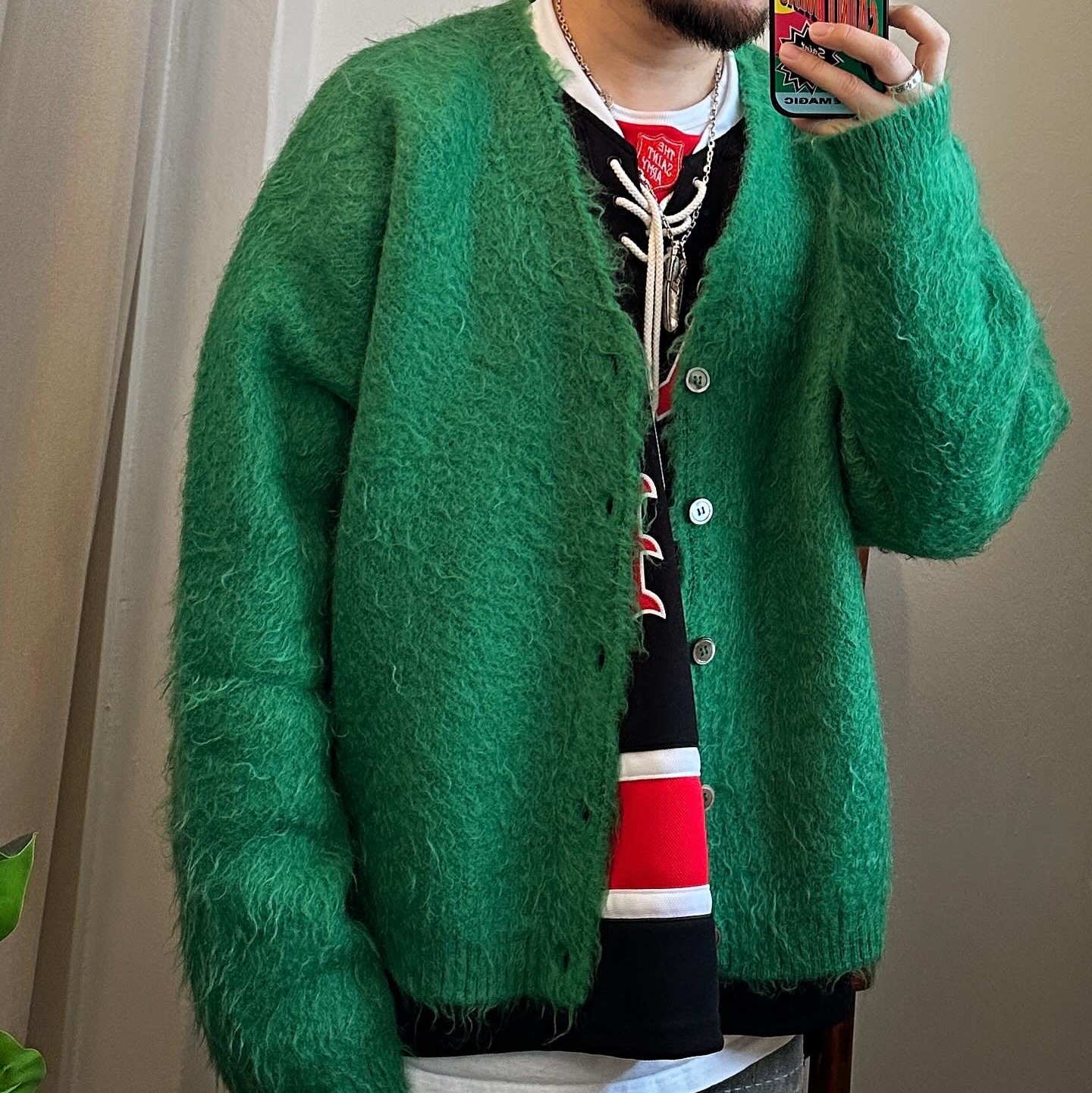 Saint Mxxxxxx Cardigan Mohair Green - 23AW, Gallery Dept. Logo Embroidered Cap White 착용 스타일 - 2