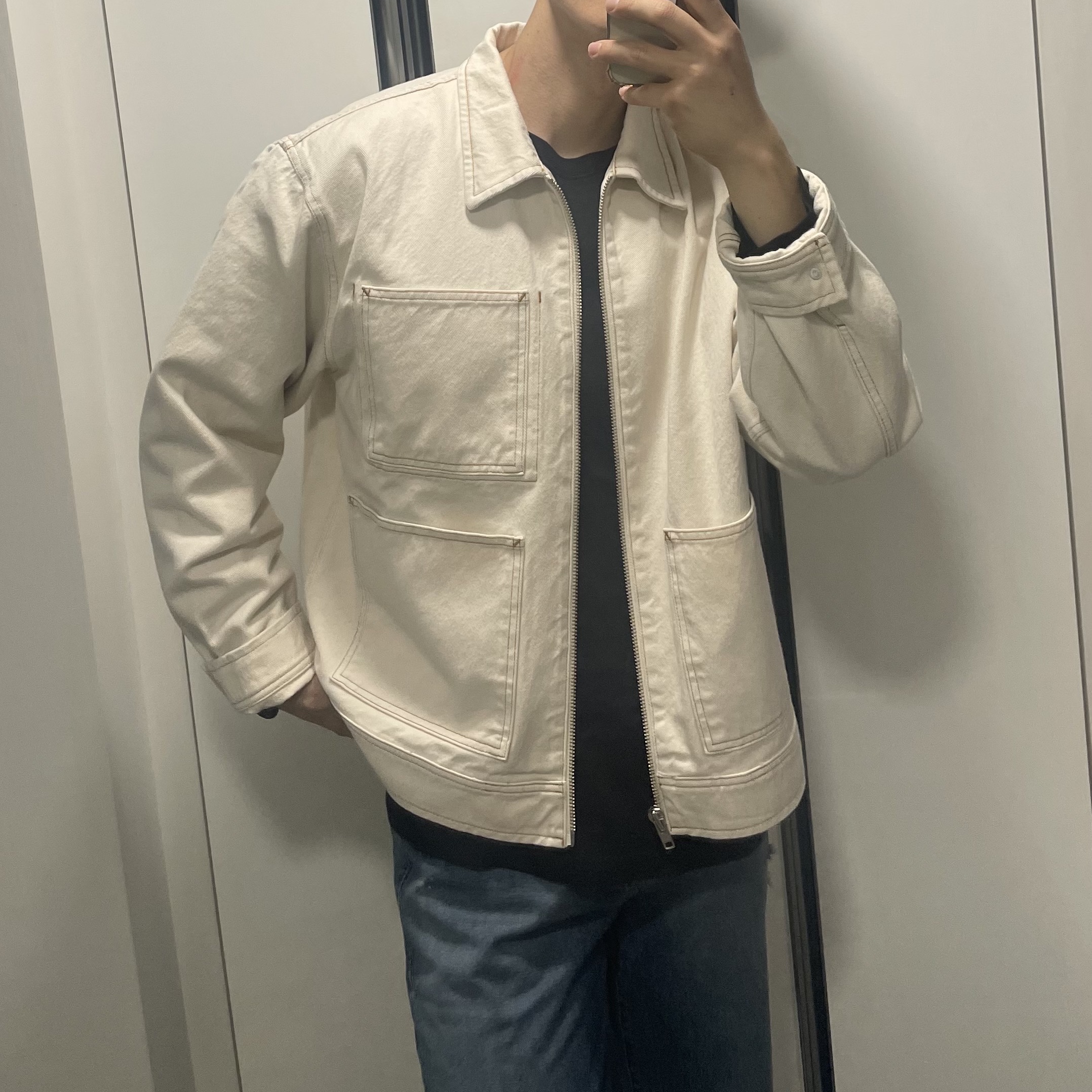 Stussy Denim Zip Work Jacket Natural 착용 스타일
