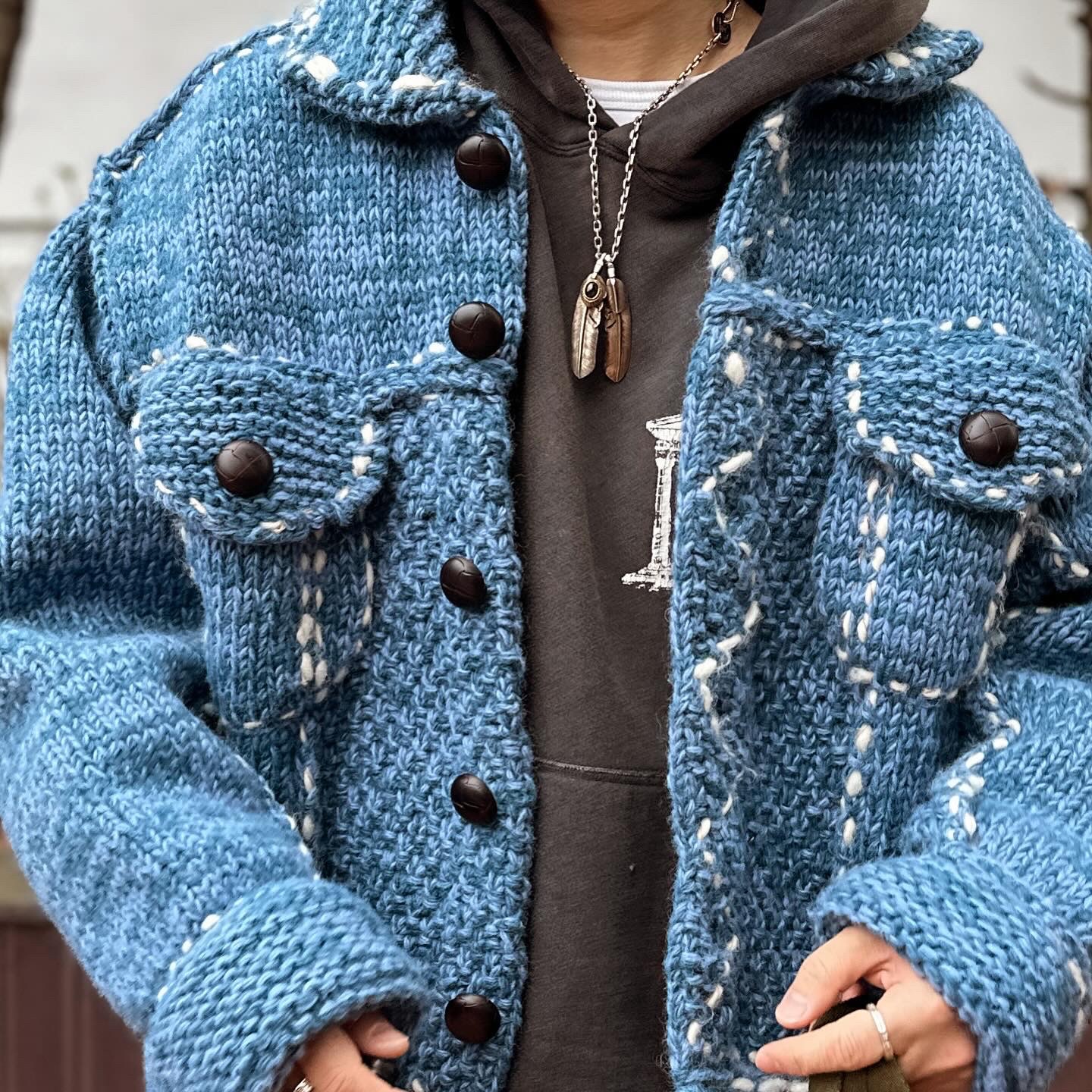 Kapital Wool Hand Knit Cowichan G Jean Navy, Saint Mxxxxxx x Aries Hoodie St Aries Black 착용 스타일 - 2