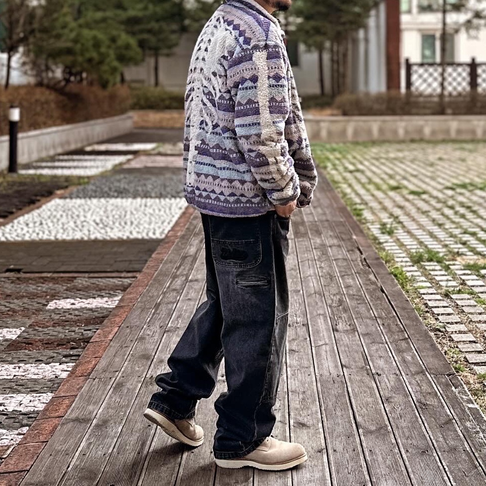 Kapital Ashland Stripe & Bone Fleece Zip Blouson Purple, Supreme x Dickies Double Knee Baggy Jean Black - 23FW 착용 스타일 - 1