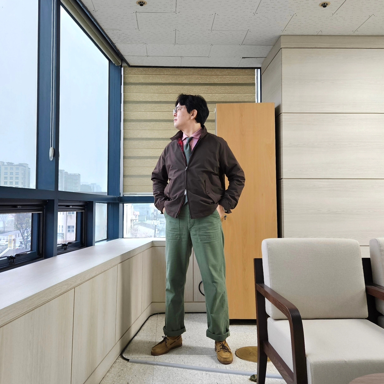 Baracuta G4 Wool Jacket Dark Brown, Orslow 5002 US Army Fatigue Pants Green 착용 스타일 - 1