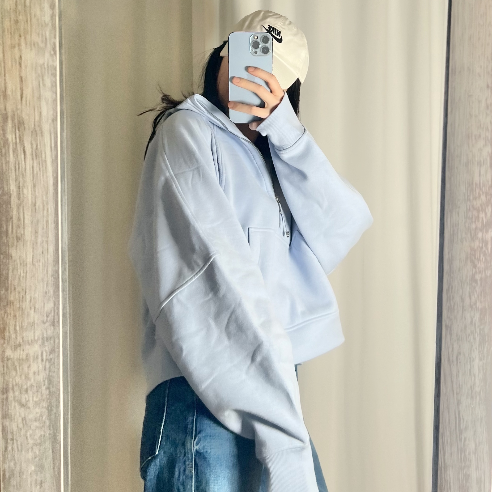 (W) Lululemon Scuba Oversized Half-Zip Hoodie Blazer Blue Tone, Nike Heritage 86 Futura Washed Cap White 착용 스타일 - 2