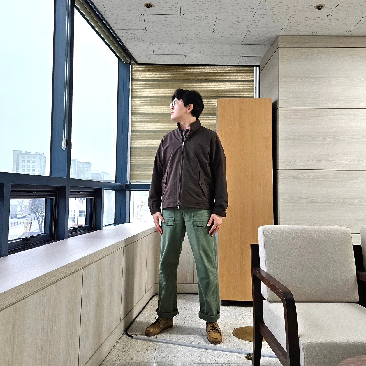 Baracuta G4 Wool Jacket Dark Brown, Orslow 5002 US Army Fatigue Pants Green 착용 스타일 - 3