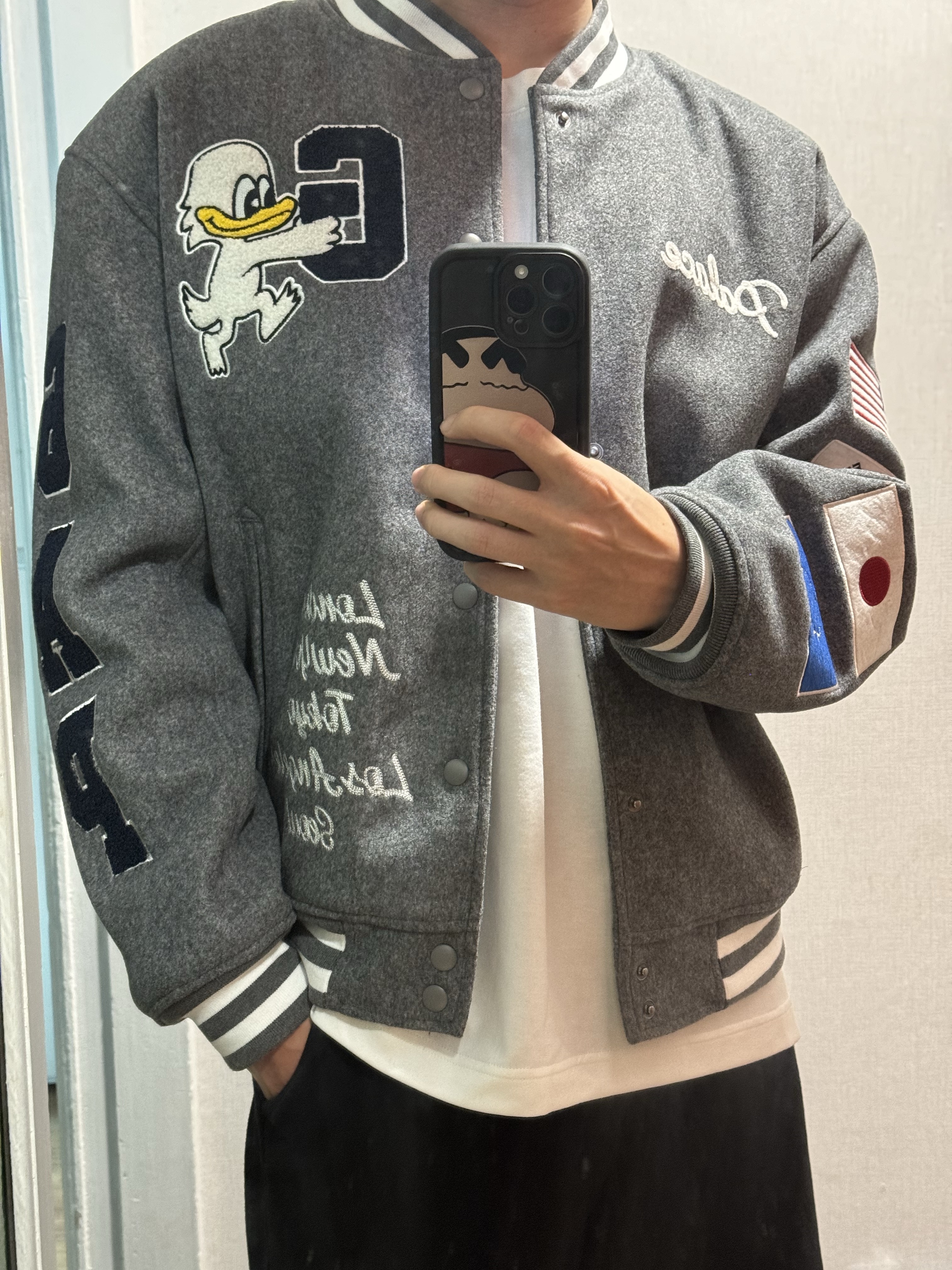 Palace x Gap Varsity Jacket Grey - 24SS 착용 스타일