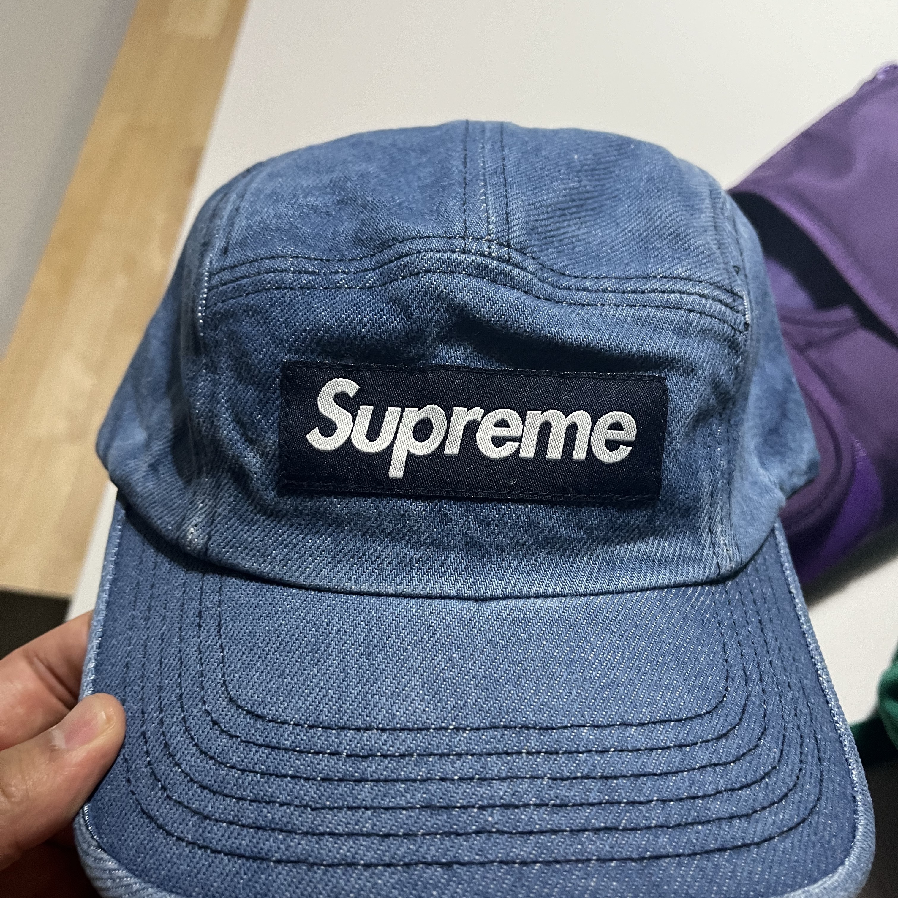 Supreme Washed Chino Twill Camp Cap Denim - 23FW 착용 스타일