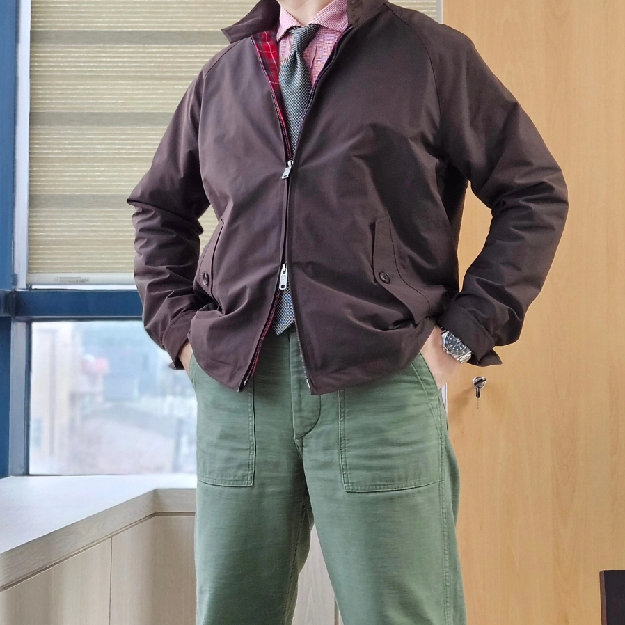 Baracuta G4 Wool Jacket Dark Brown, Orslow 5002 US Army Fatigue Pants Green 착용 스타일 - 4