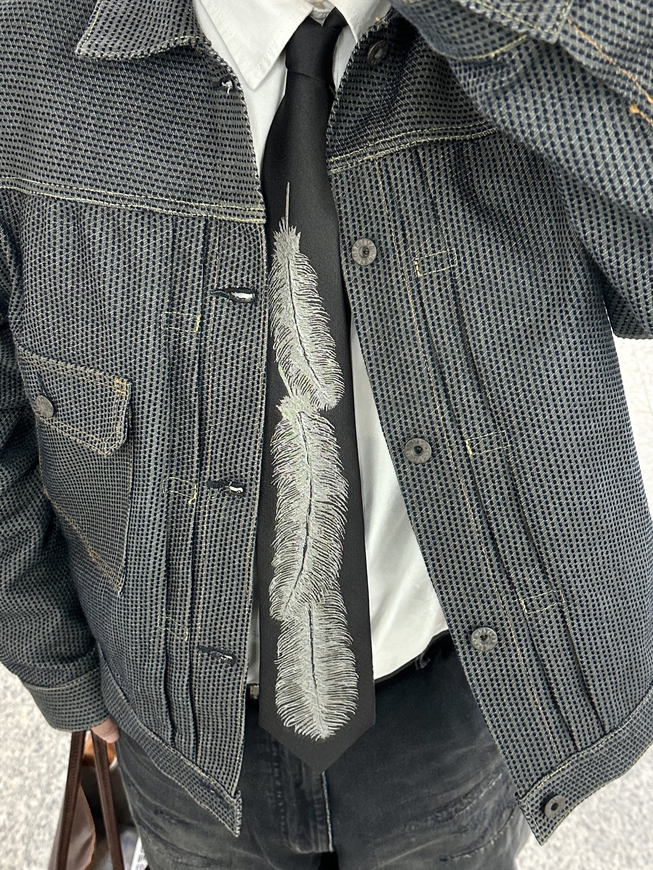 Kapital Century Denim 1st Jacket N7S Charcoal Indigo, Kapital Katsuragi Port Baggy Pants Black 착용 스타일 - 1
