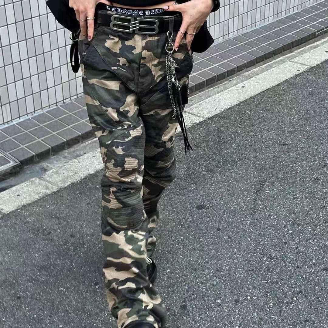 Project G/R Coated Biker Armoured Flare Pants Camo 착용 스타일
