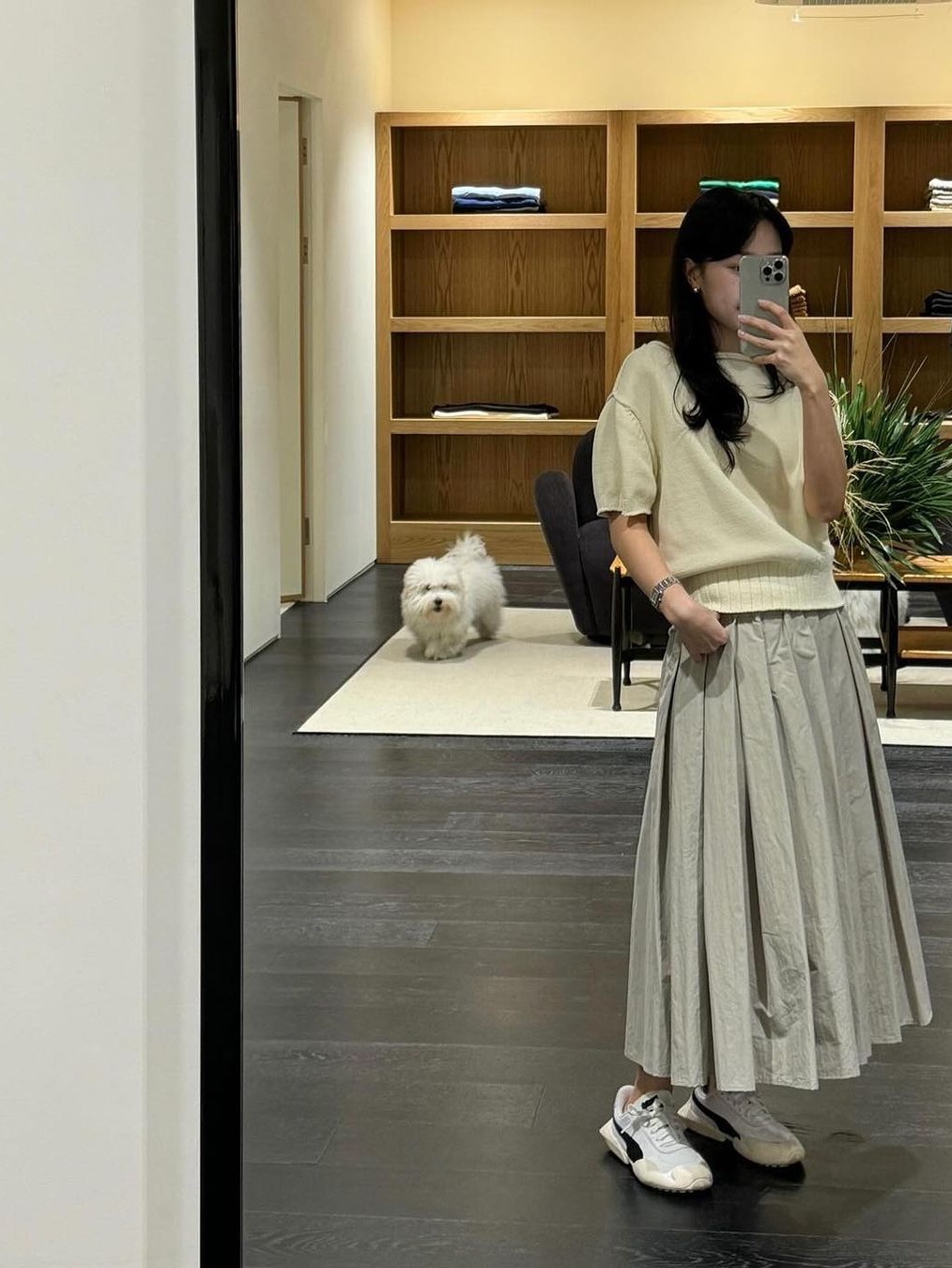 Saenginstudios Flower Lace Hlaf Knit White, Maison Margiela Knit Polo Shirt Off White 착용 스타일 - 3