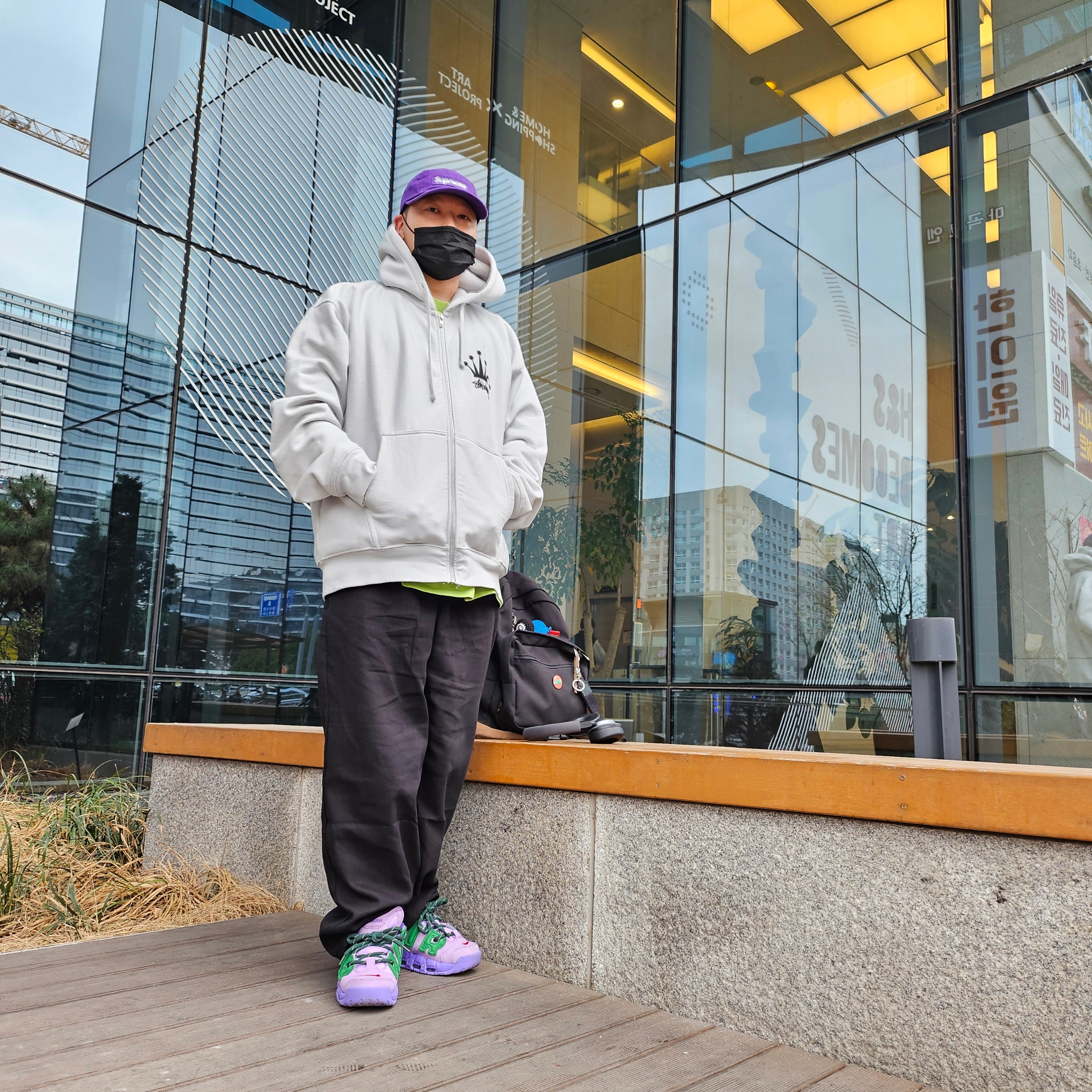 Supreme Washed Chino Twill Camp Cap Purple - 24SS, Nike x Ambush Air More Uptempo Low Lilac and Apple Green 착용 스타일 - 3