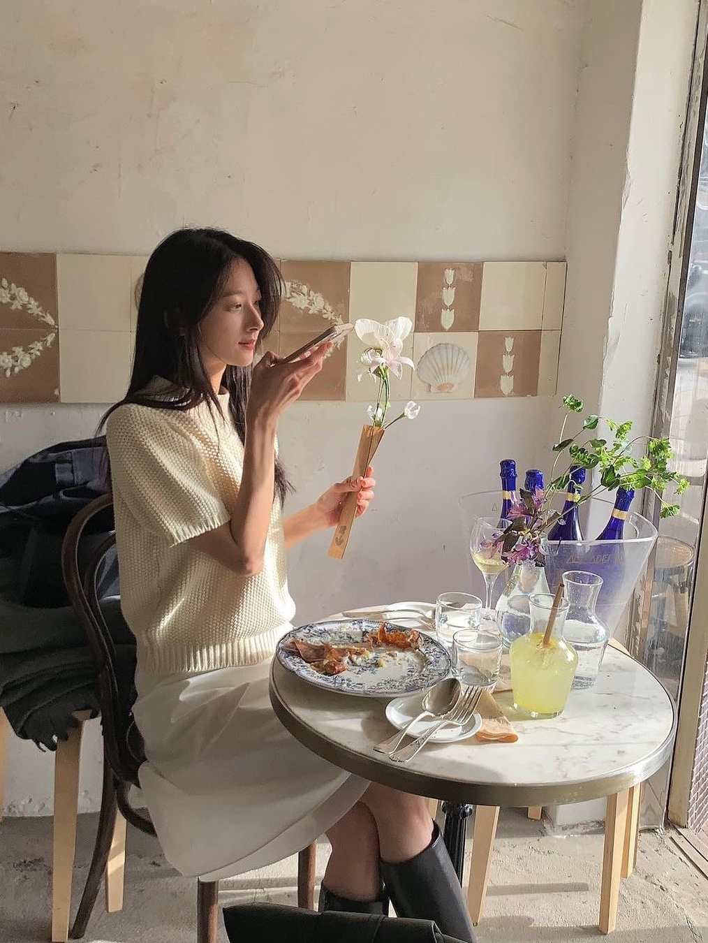 Saenginstudios Flower Lace Hlaf Knit White, Maison Margiela Knit Polo Shirt Off White 착용 스타일 - 6