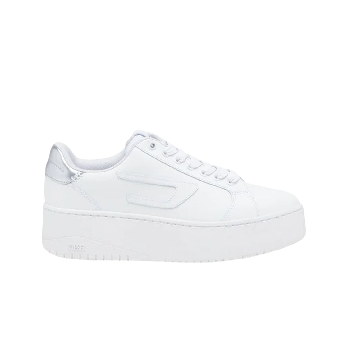 (W) 디젤 S-아테네 볼드 플랫폼 솔 로우탑 스니커즈 화이트 실버((W) Diesel S-Athene Bold Low Top Sneakers with Flatform Sole White Silver)