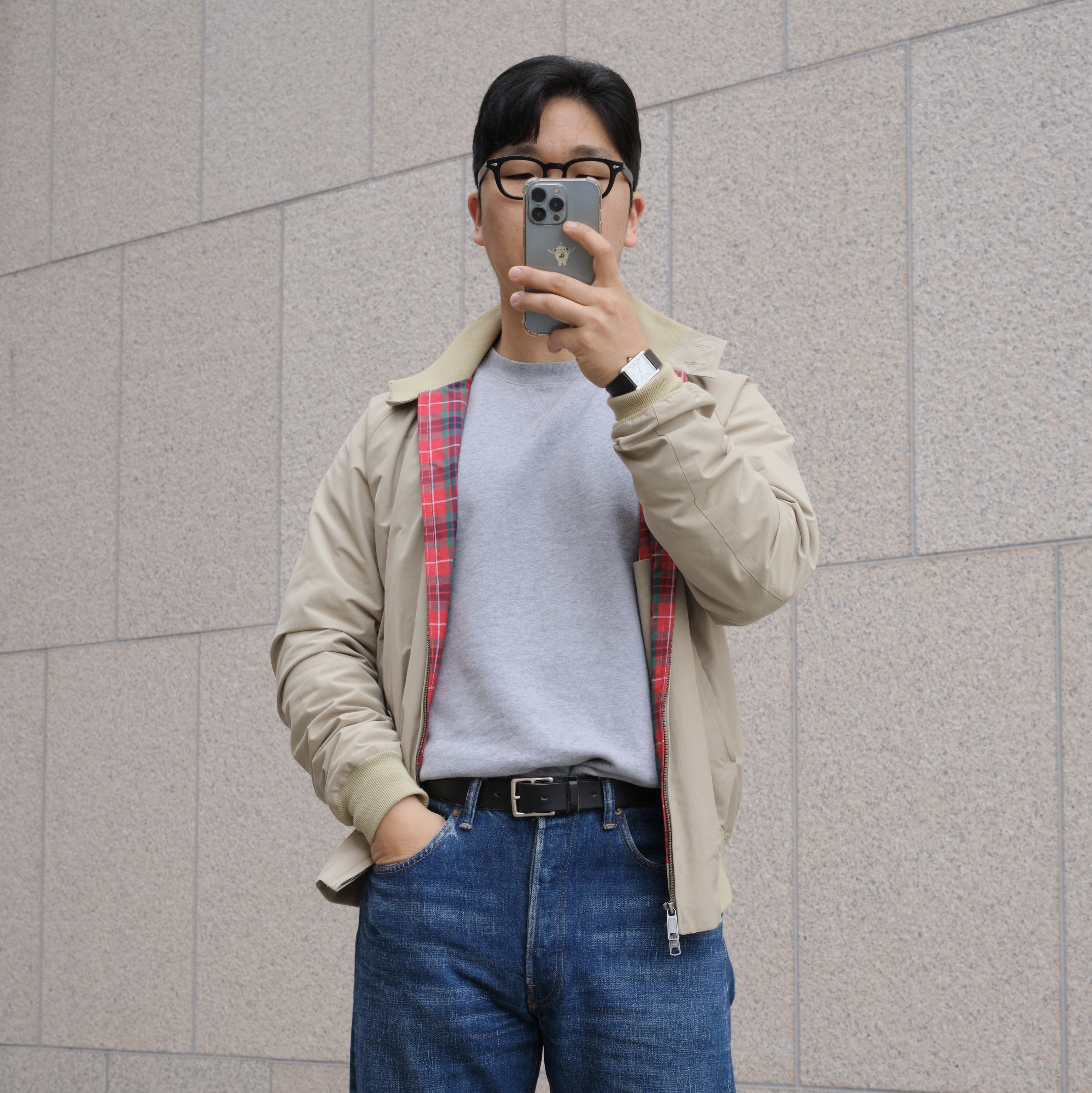 Baracuta G9 Regular fit Harrington Jacket Natural, Fullcount 1102 Straight Denim That Thing Indigo Blue 착용 스타일 - 3