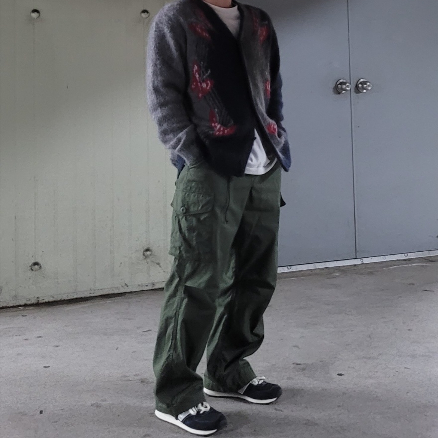 New Balance x Pottery 574 Premium Hard Navy, Needles Mohair Papillon Cardigan Grey 착용 스타일