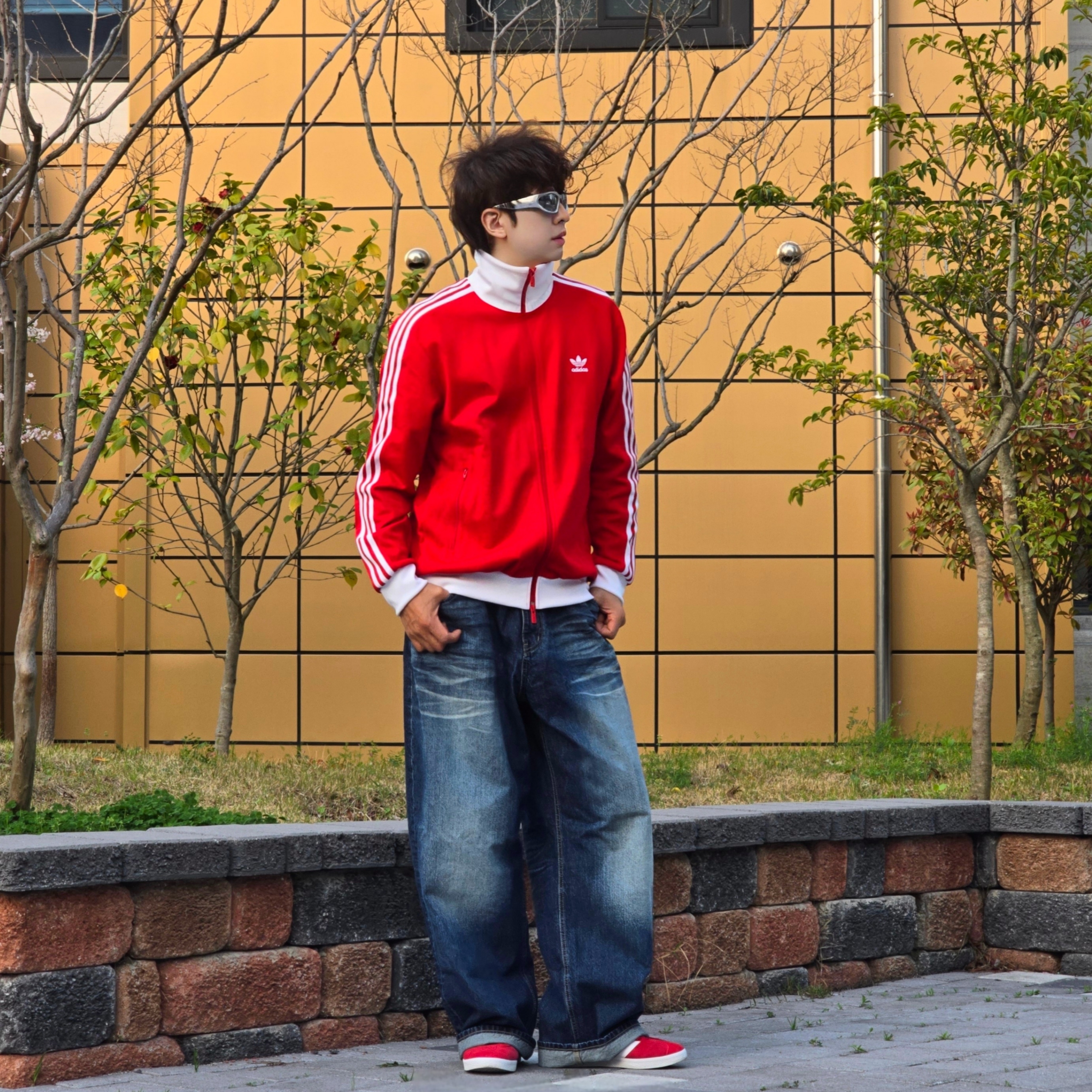 Adidas Adicolor Classic Beckenbauer Track Top Better Scarlet White - KR Sizing, Adidas Adicolor Classic Beckenbauer Track Top Better Scarlet White - US Sizing 착용 스타일 - 7