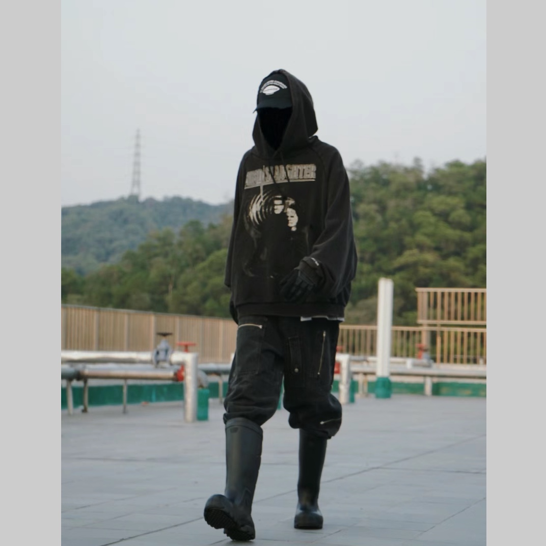Project G/R Mind Slaughter Vintage Washeed Hoodie Black 착용 스타일