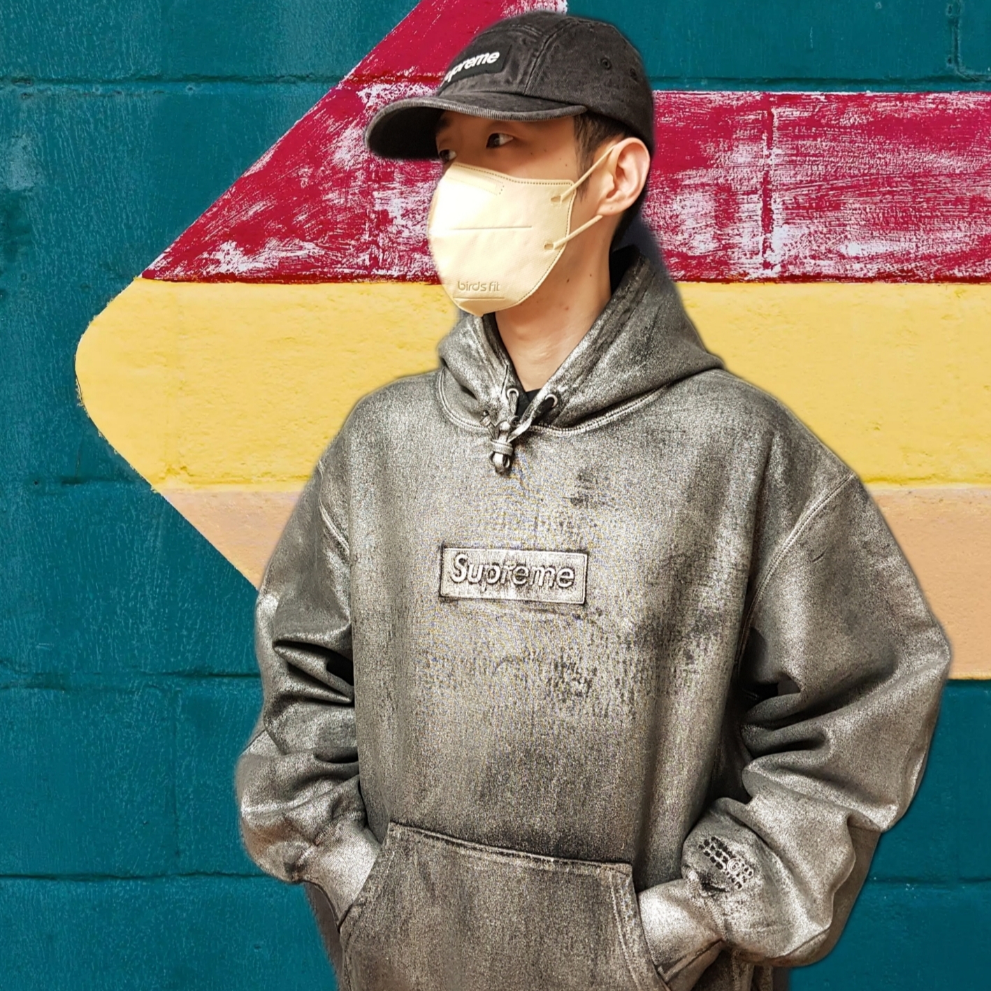 Supreme x MM6 Maison Margiela Foil Box Logo Hooded Sweatshirt Black - 24SS, Supreme Denim Camp Cap Black - 24SS 착용 스타일
