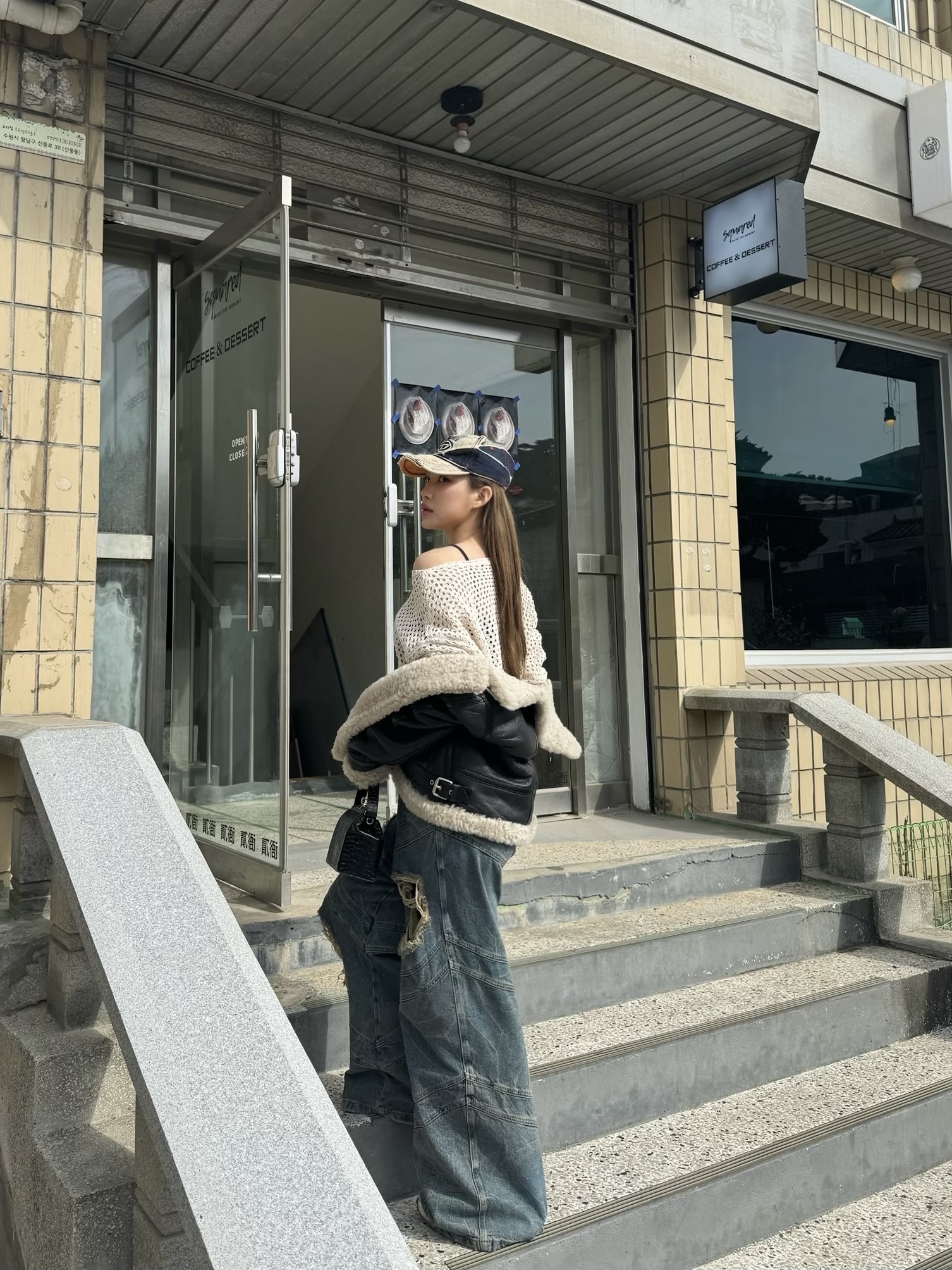 Diesel C-Seymon Treated Denim Baseball Cap Blue White 착용 스타일 - 4