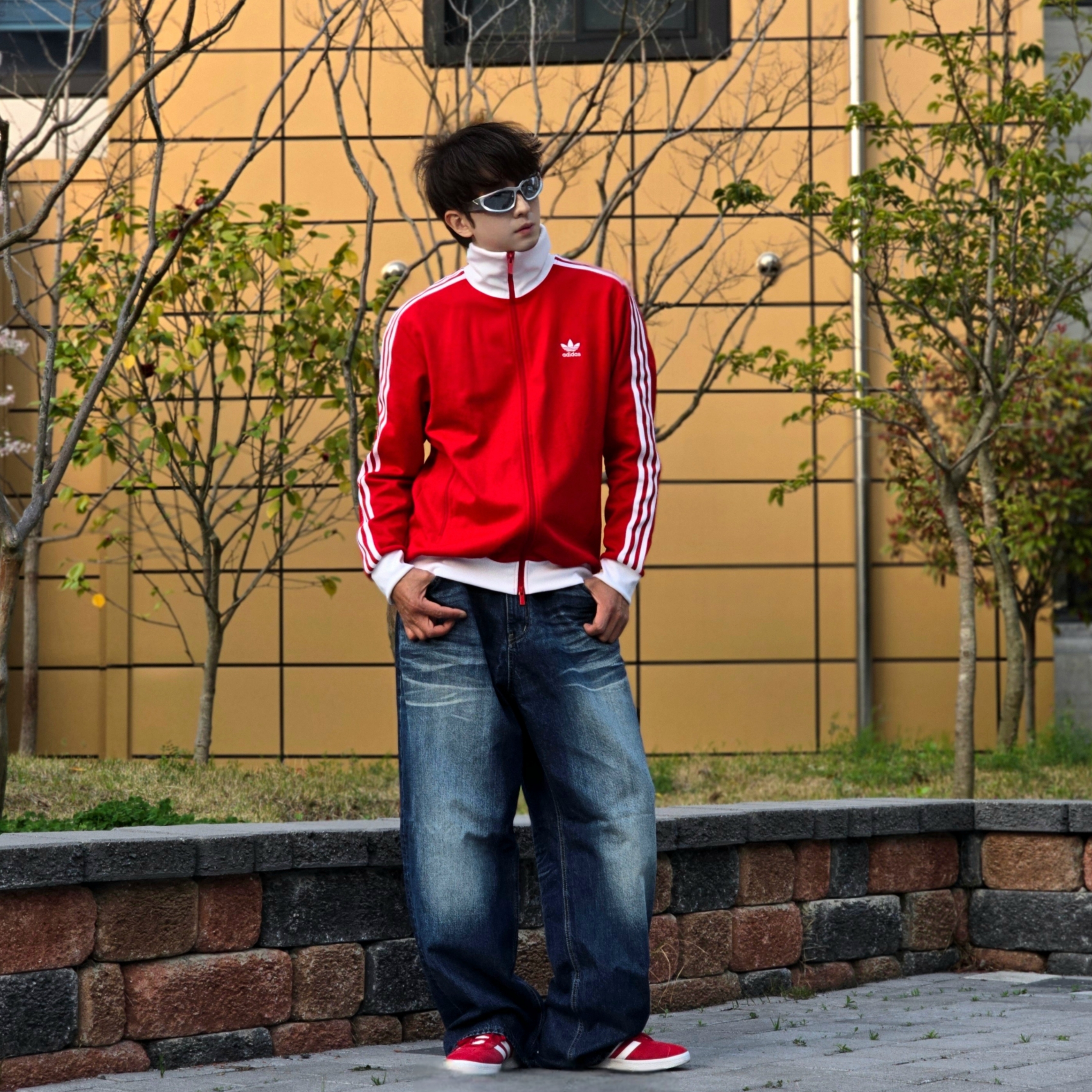 Adidas Adicolor Classic Beckenbauer Track Top Better Scarlet White - KR Sizing, Adidas Adicolor Classic Beckenbauer Track Top Better Scarlet White - US Sizing 착용 스타일 - 6