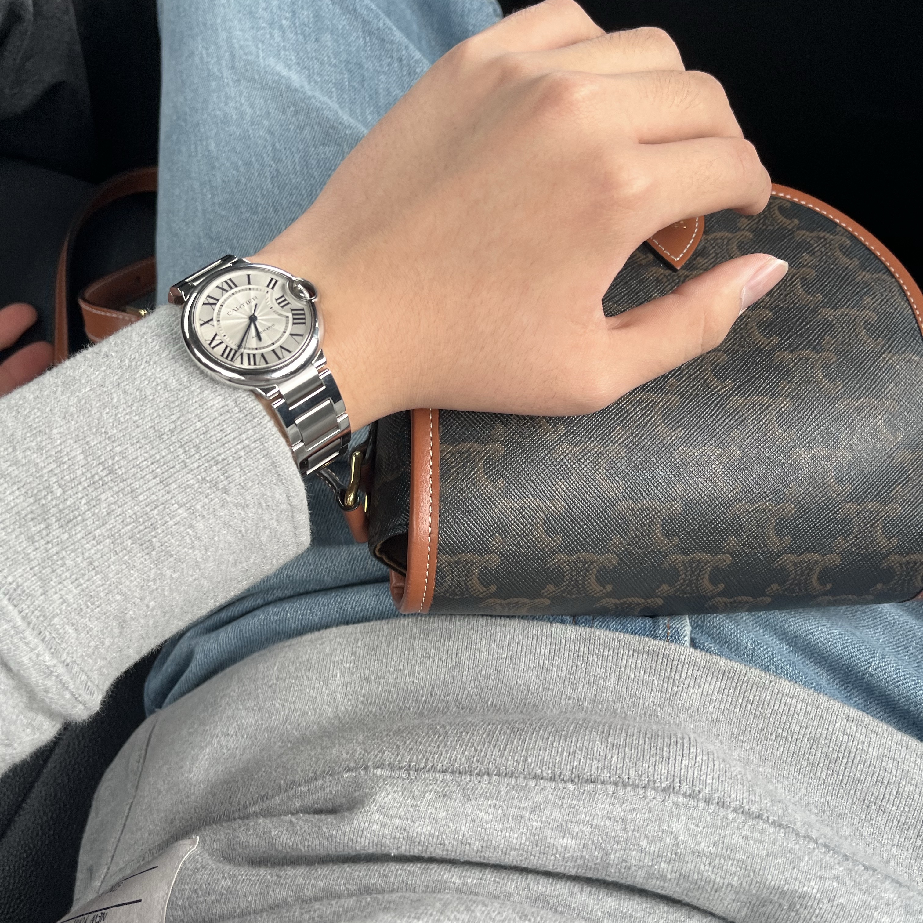 Cartier Ballon Bleu Watch 40 Automatic Steel Bracelet Steel, Celine Medium Folco Bag in Triomphe Canvas and Calfskin Tan 착용 스타일