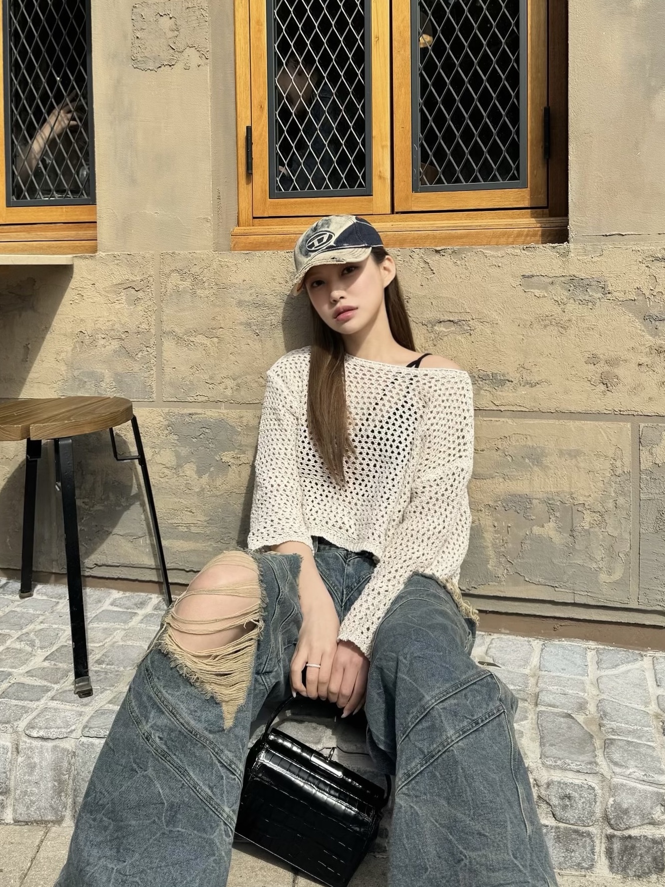 Diesel C-Seymon Treated Denim Baseball Cap Blue White 착용 스타일 - 1