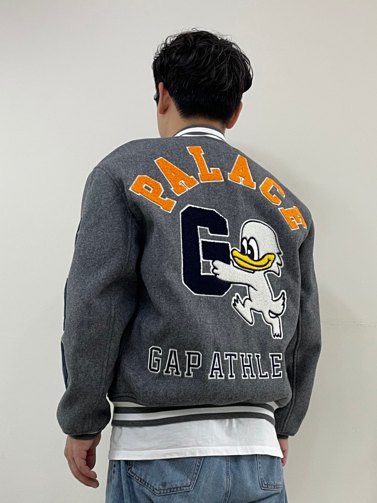 Palace x Gap Varsity Jacket Grey - 24SS 착용 스타일