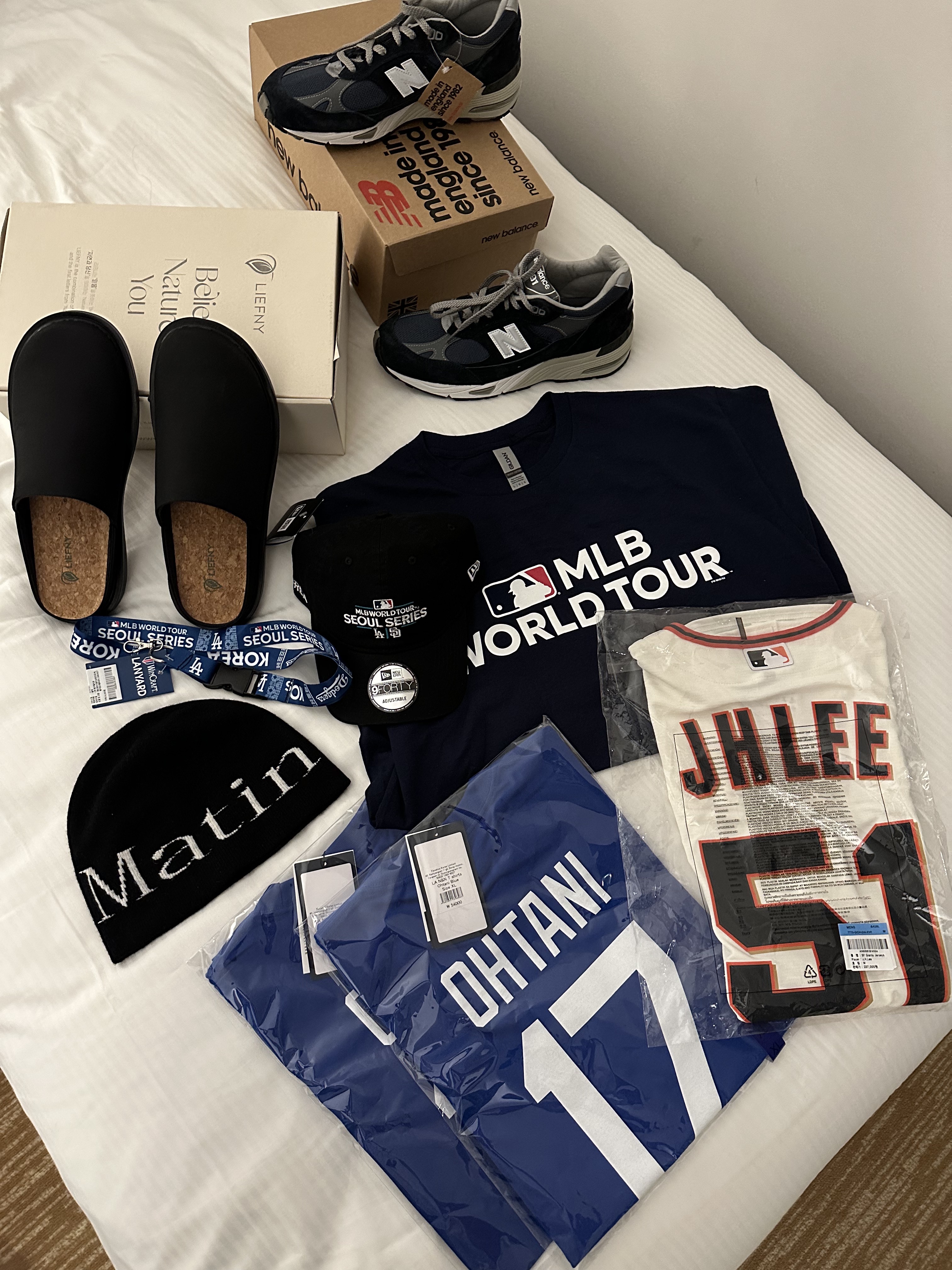 (W) Nike MLB Los Angeles Dodgers Fuse T-Shirt Royal Shohei Ohtani, Matin Kim Logo Jacquard Short Beanie Black 착용 스타일