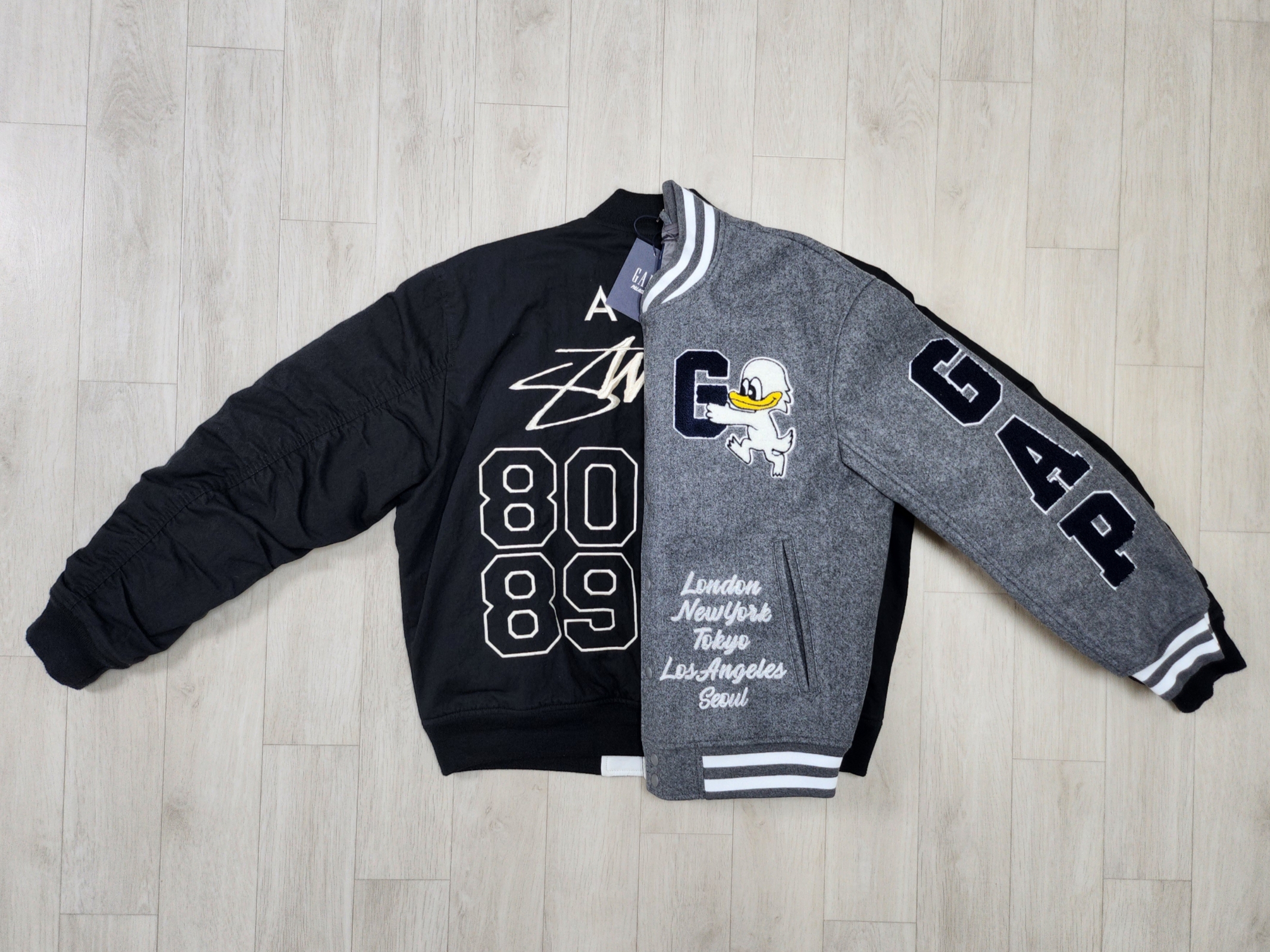 Nike x Stussy Reversible Jacket Black (FJ9153-010), Palace x Gap Varsity Jacket Grey - 24SS 착용 스타일 - 2