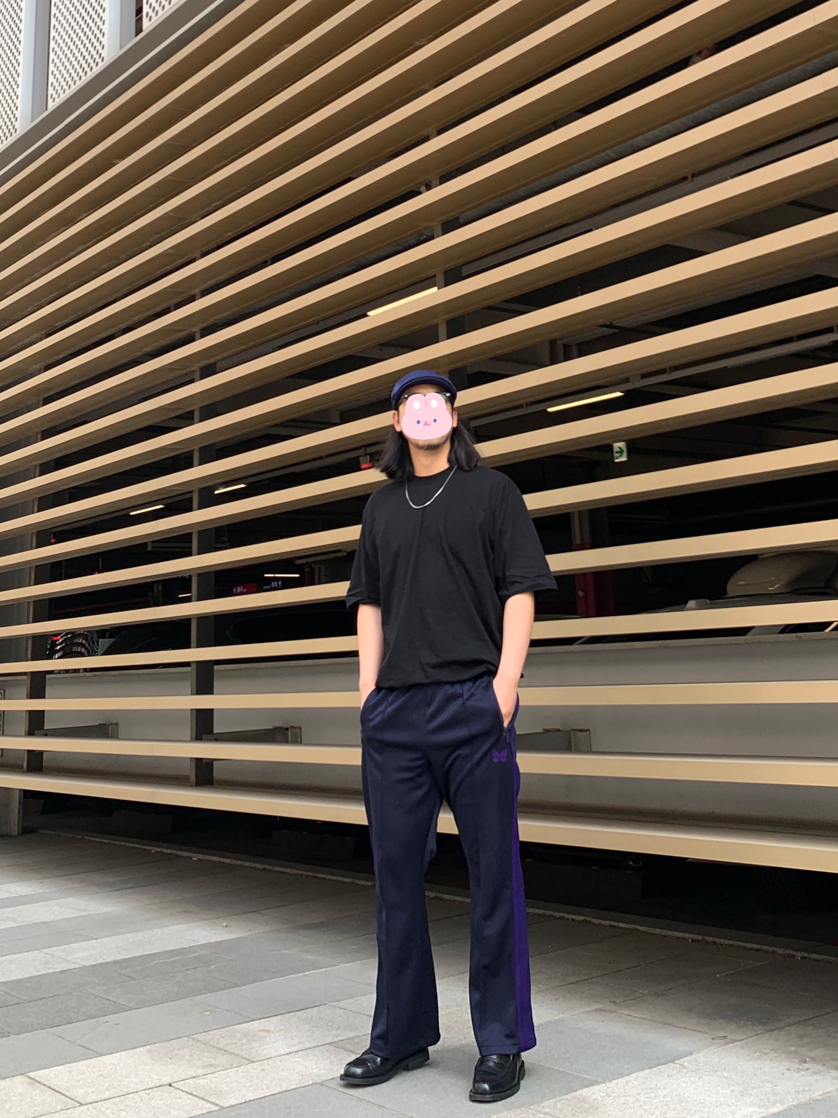 Needles Boot-Cut Track Pants Poly Smooth Navy 착용 스타일