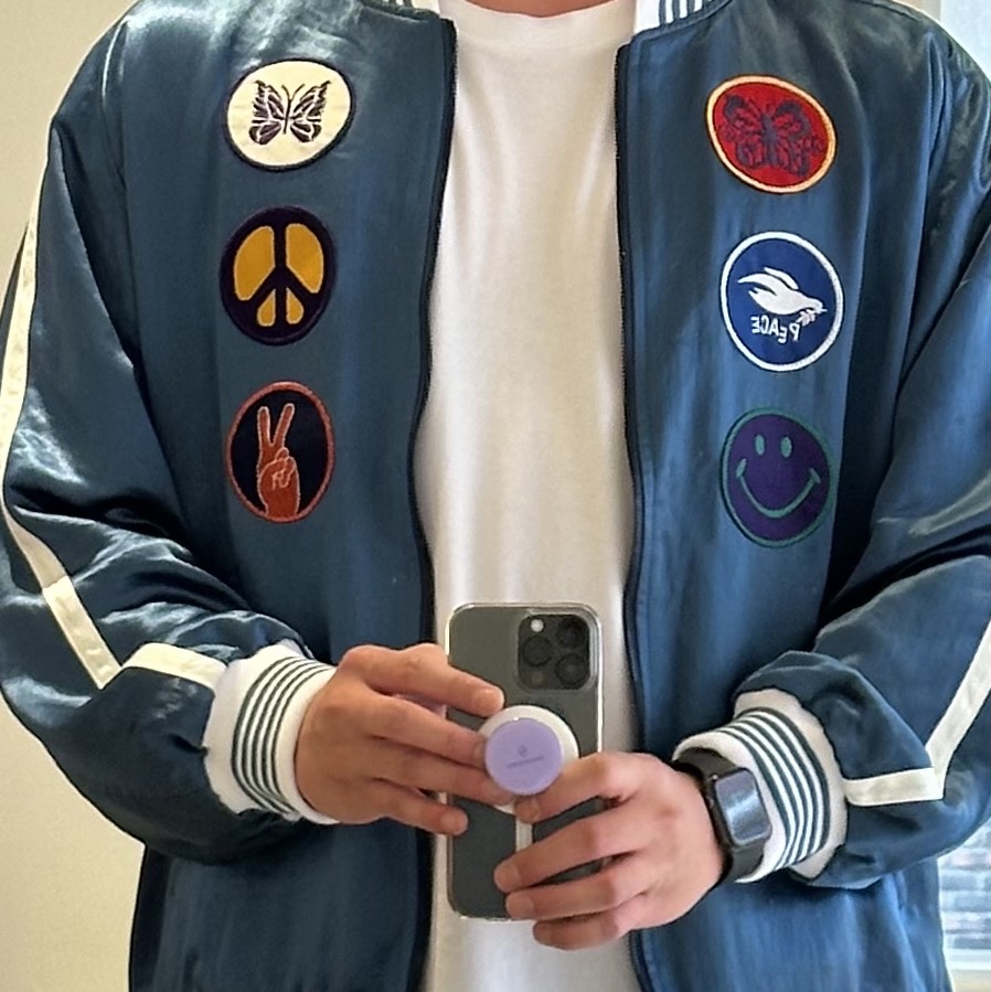 Needles Acetate Sateen Award Jacket Blue, Supreme Small Box T-Shirt White - 23FW 착용 스타일