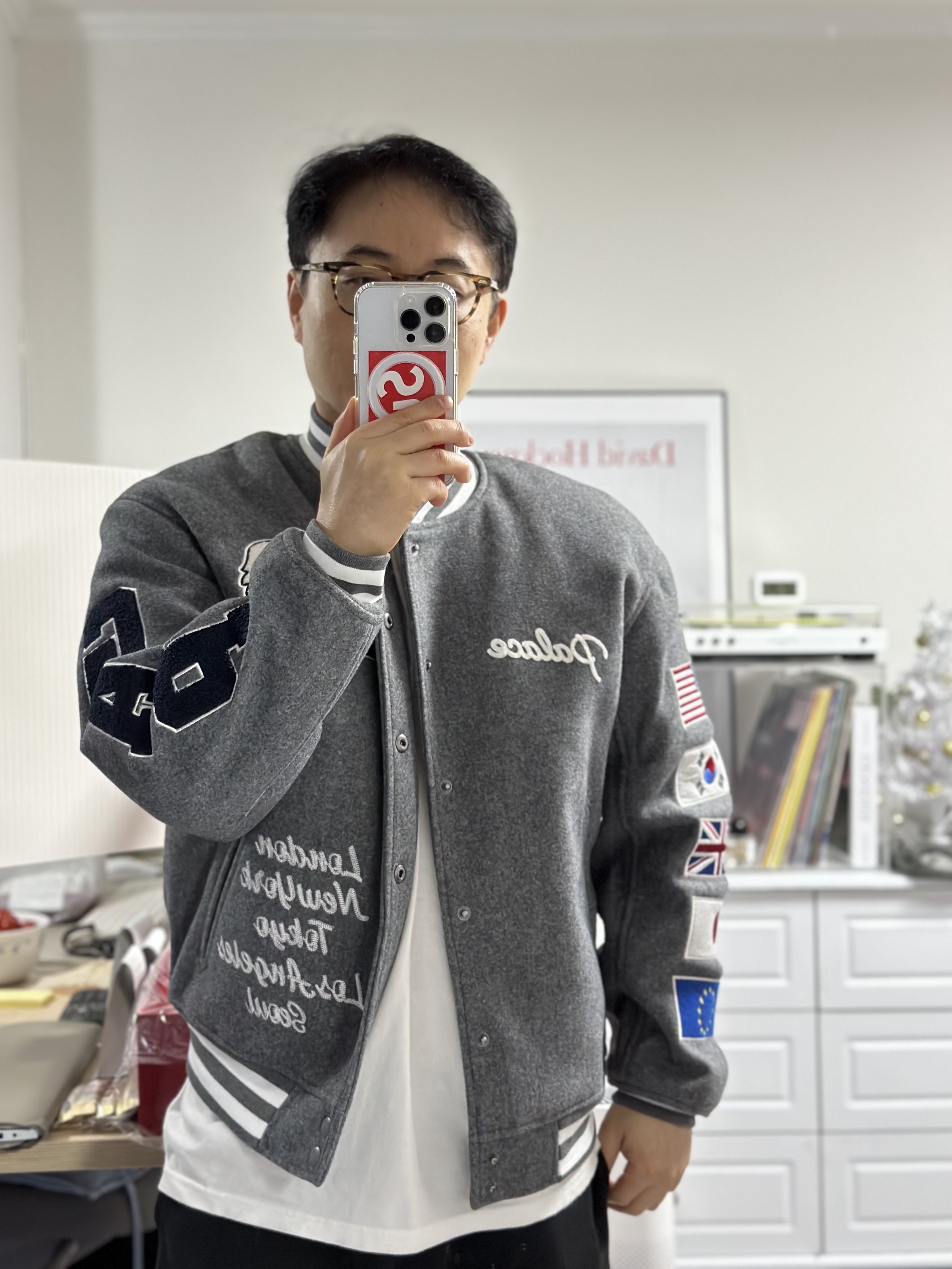 Palace x Gap Varsity Jacket Grey - 24SS 착용 스타일