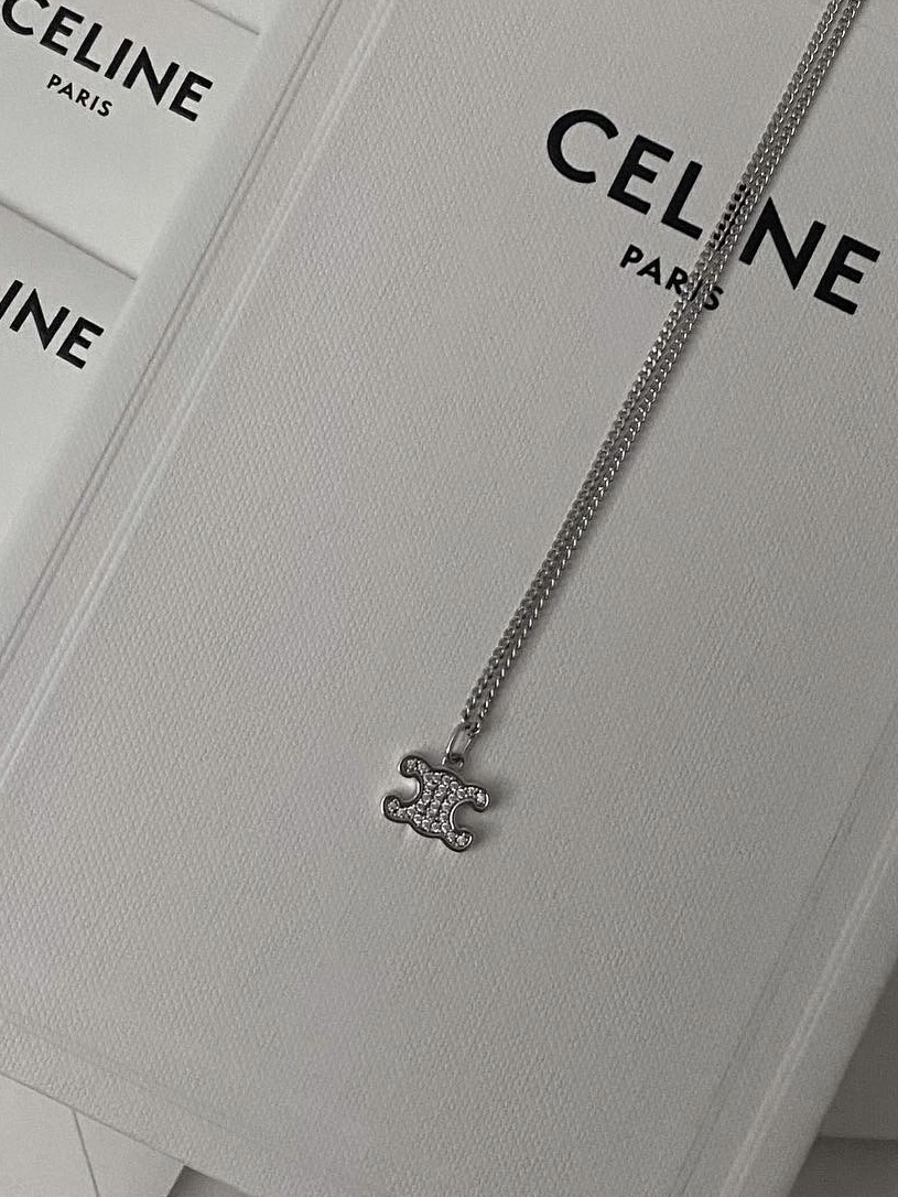 (W) Celine Triomphe Rhinestone Necklace in Brass with Rhodium Finish and Crystals Silver 착용 스타일 - 3
